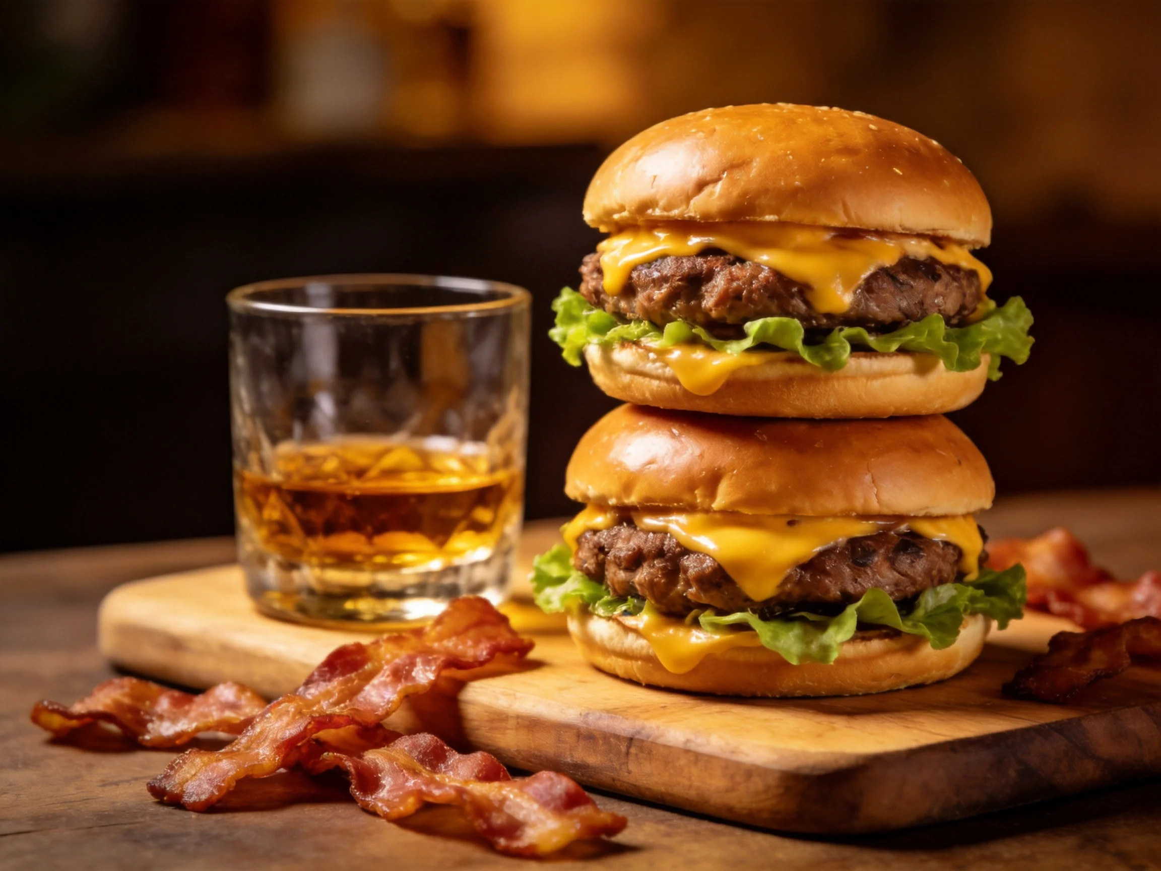 Two stacked cheeseburgers with crispy bacon and amber liquor