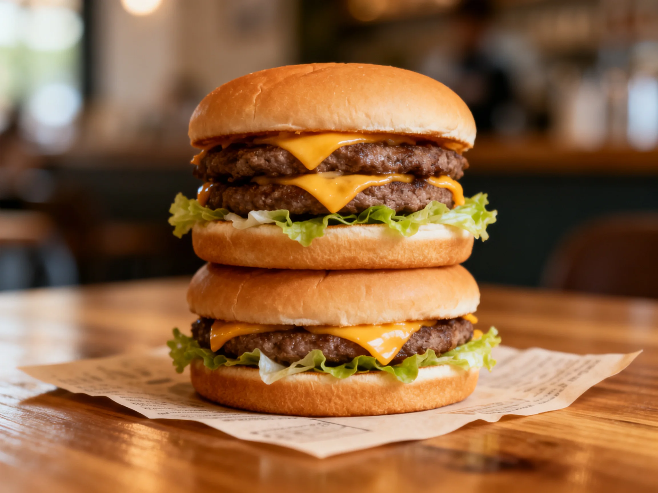 Two stacked cheeseburgers with melted cheddar and fresh lettuce