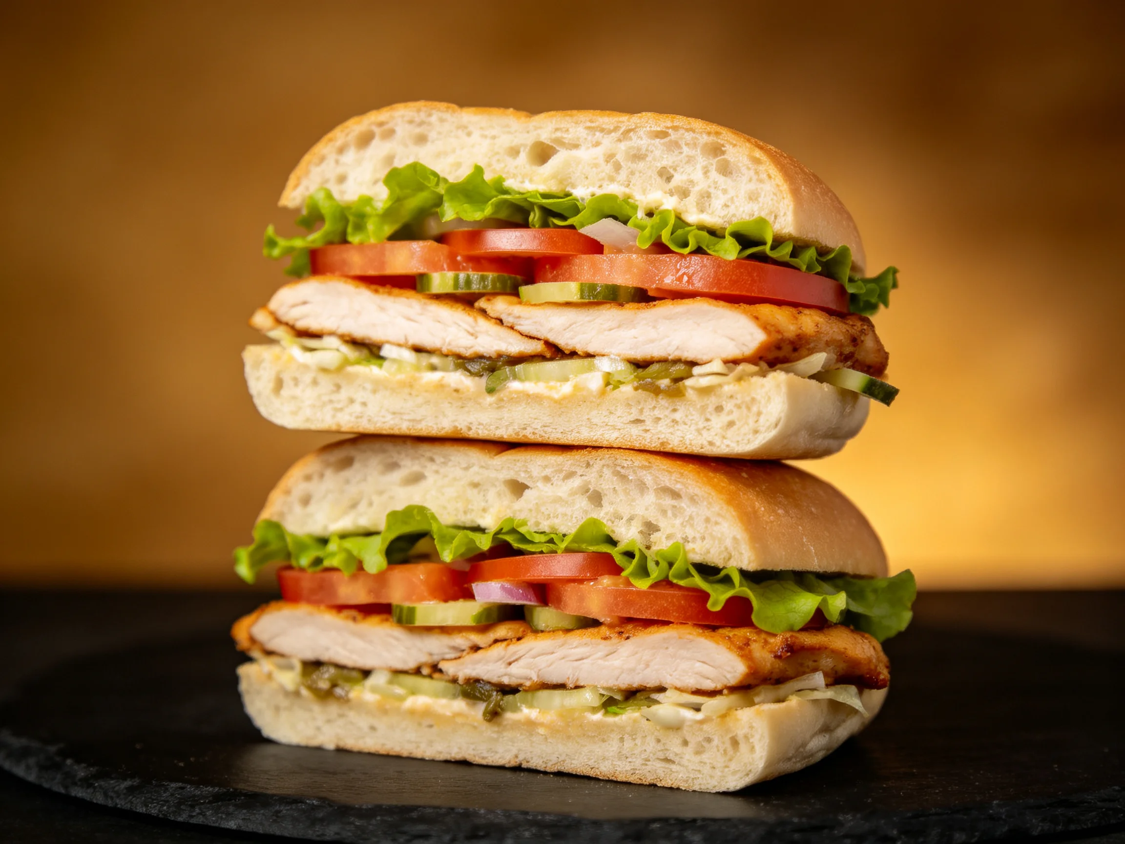 Two stacked chicken sandwiches with fresh veggies and soft buns