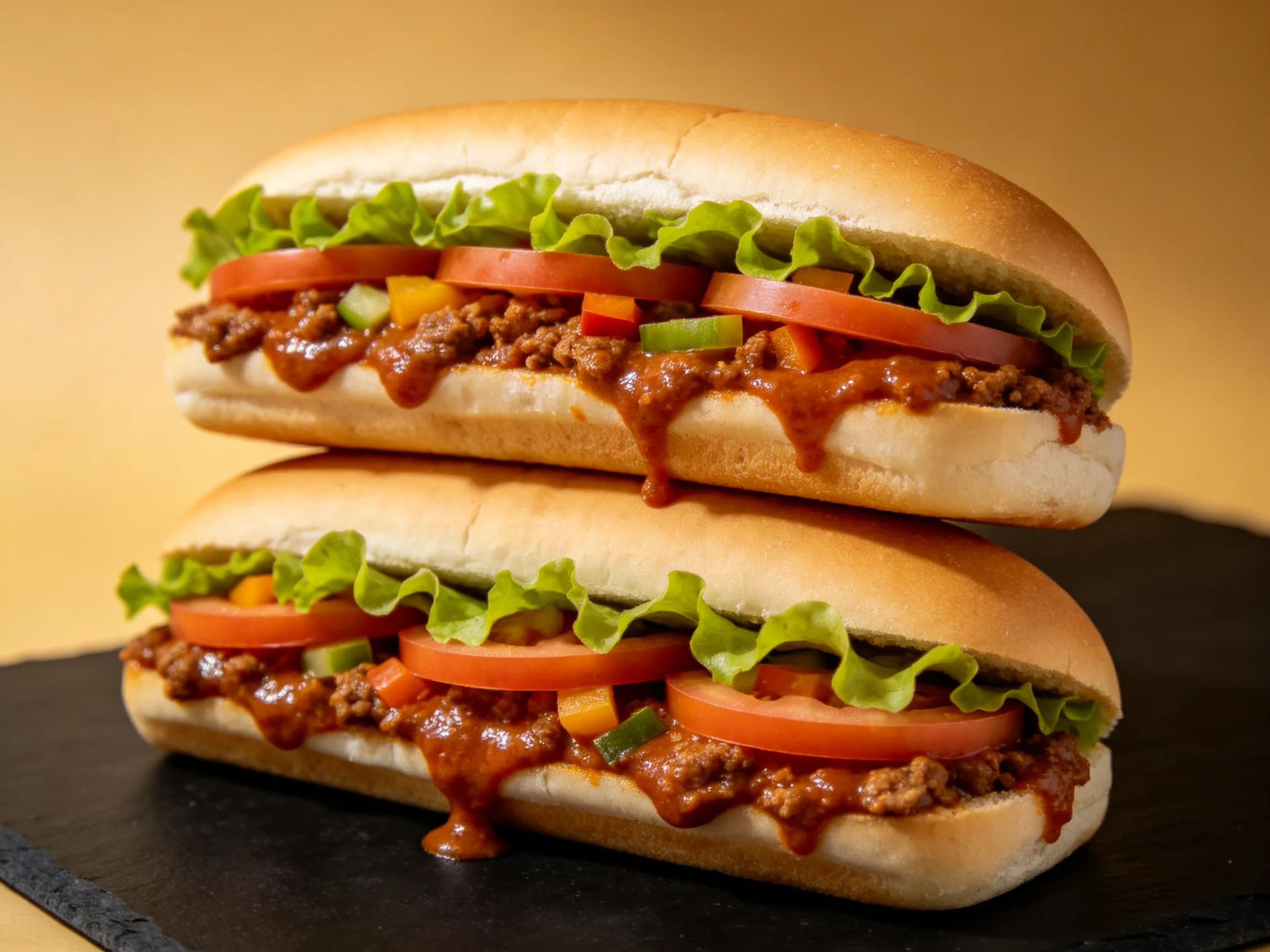 Two stacked chili sandwiches with fresh veggies and meat sauce