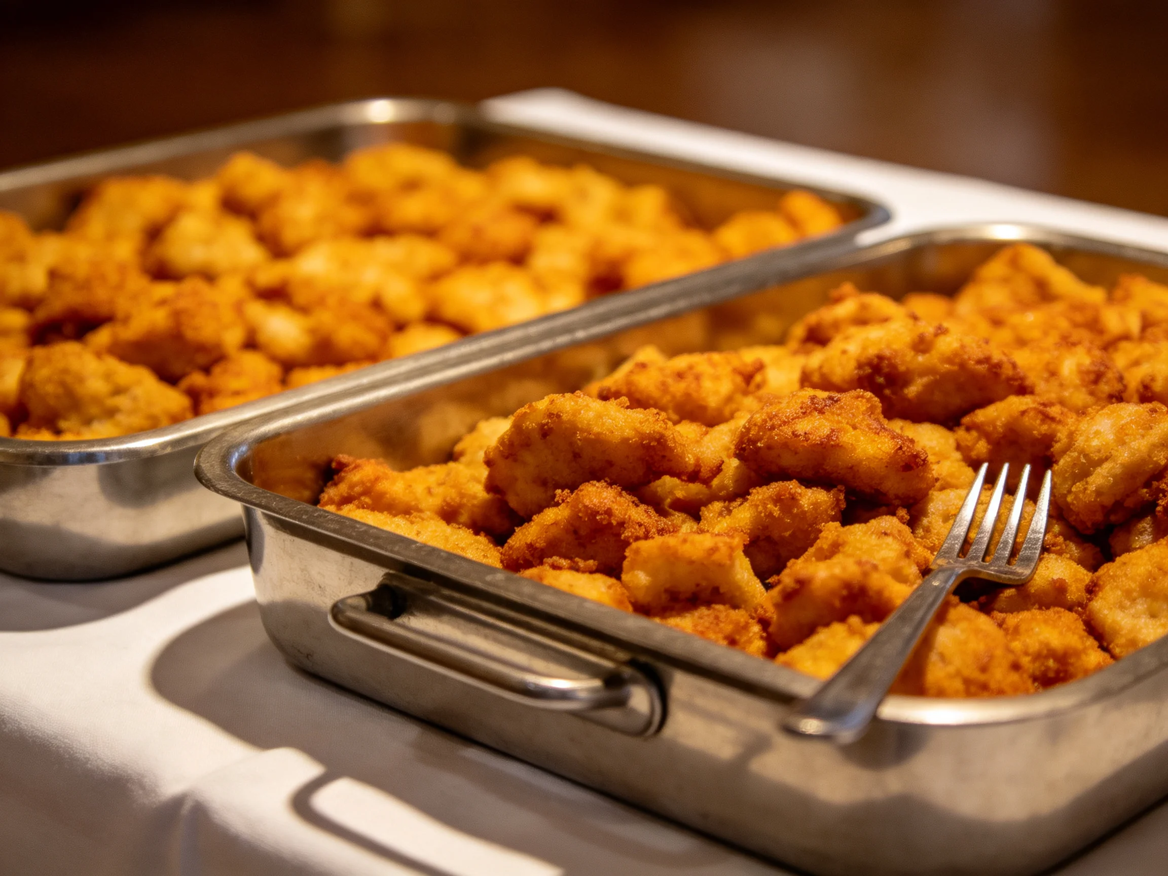 Two stainless steel trays hold golden-brown fried foods on a white tablecloth