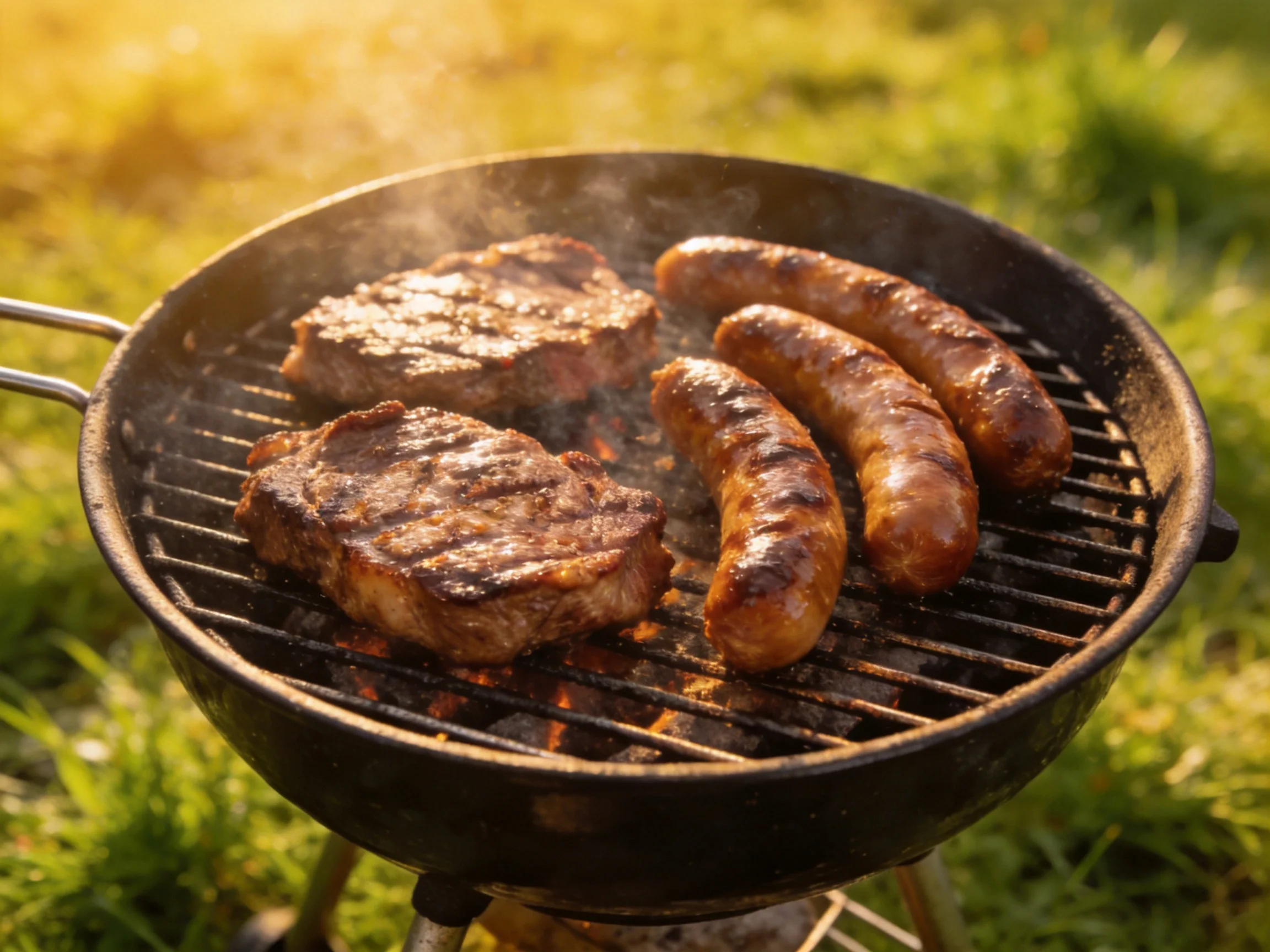 Two steaks and three sausages cook on a round charcoal grill