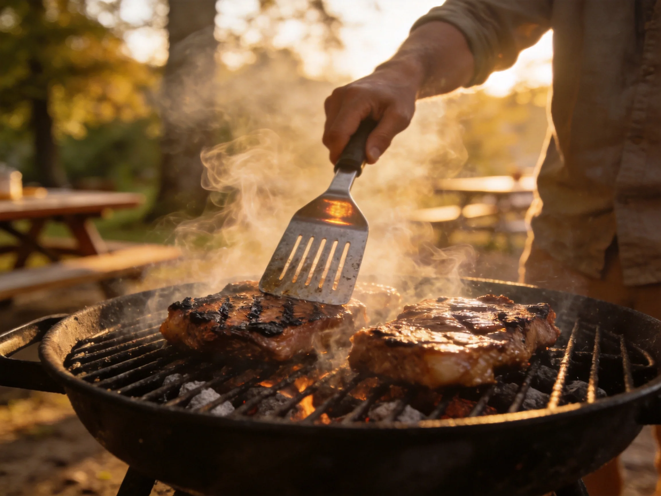 Two steaks grill on a black charcoal grill outdoors