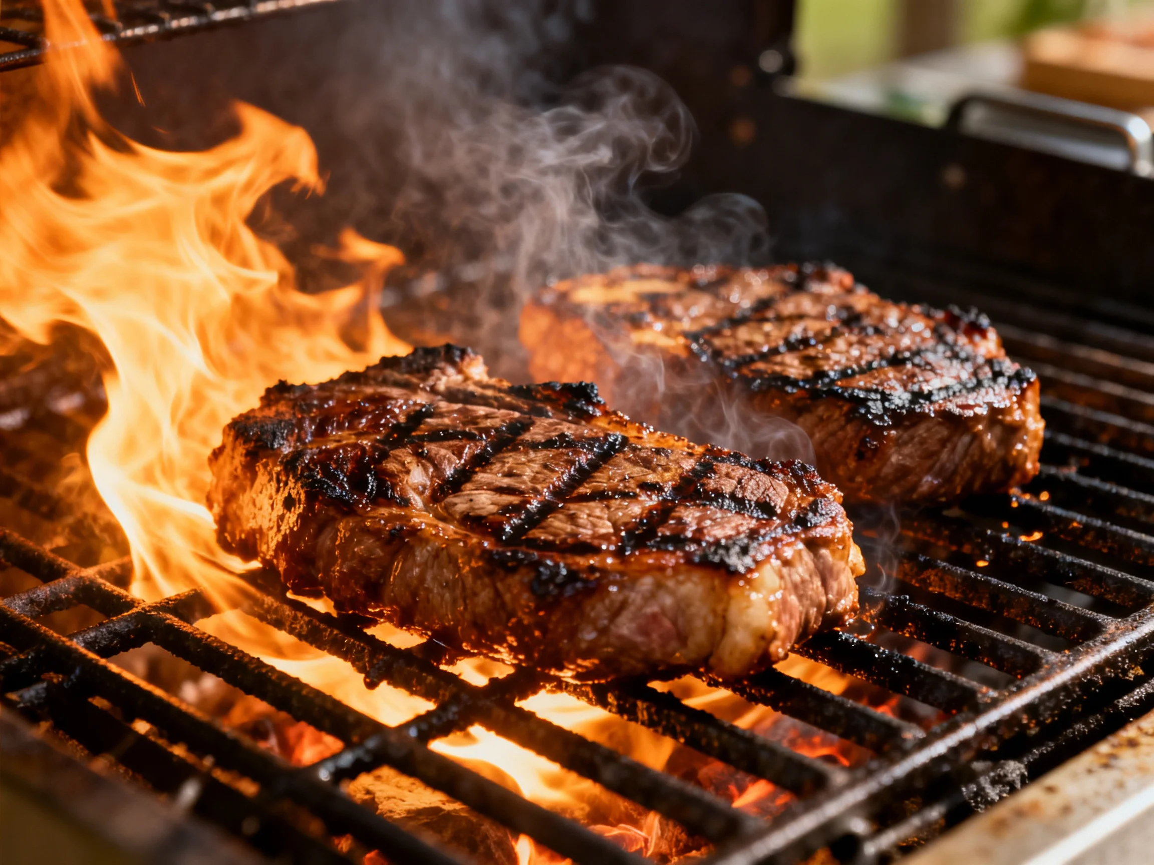 Two steaks grill over bright orange flames on a black metal grill