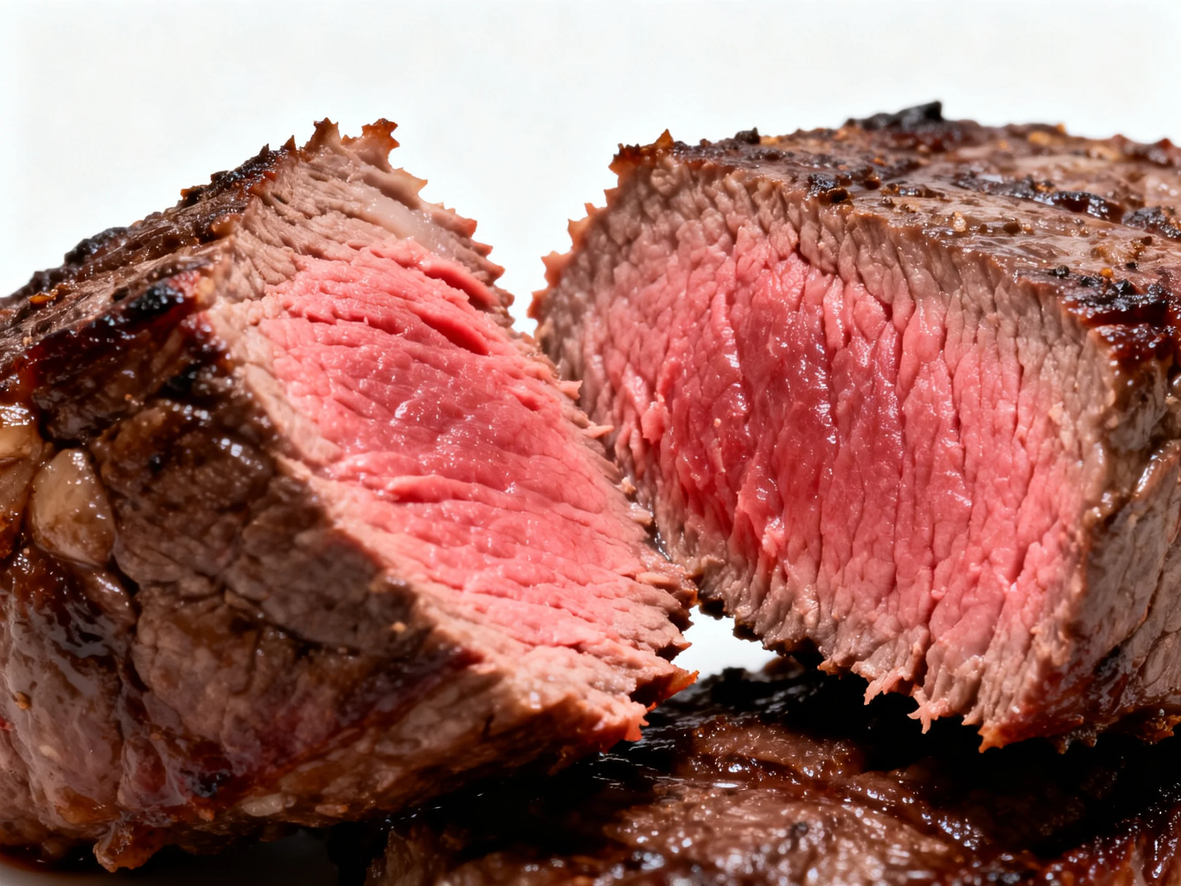 Two steaks sliced open, revealing medium-rare pink interiors and browned exteriors