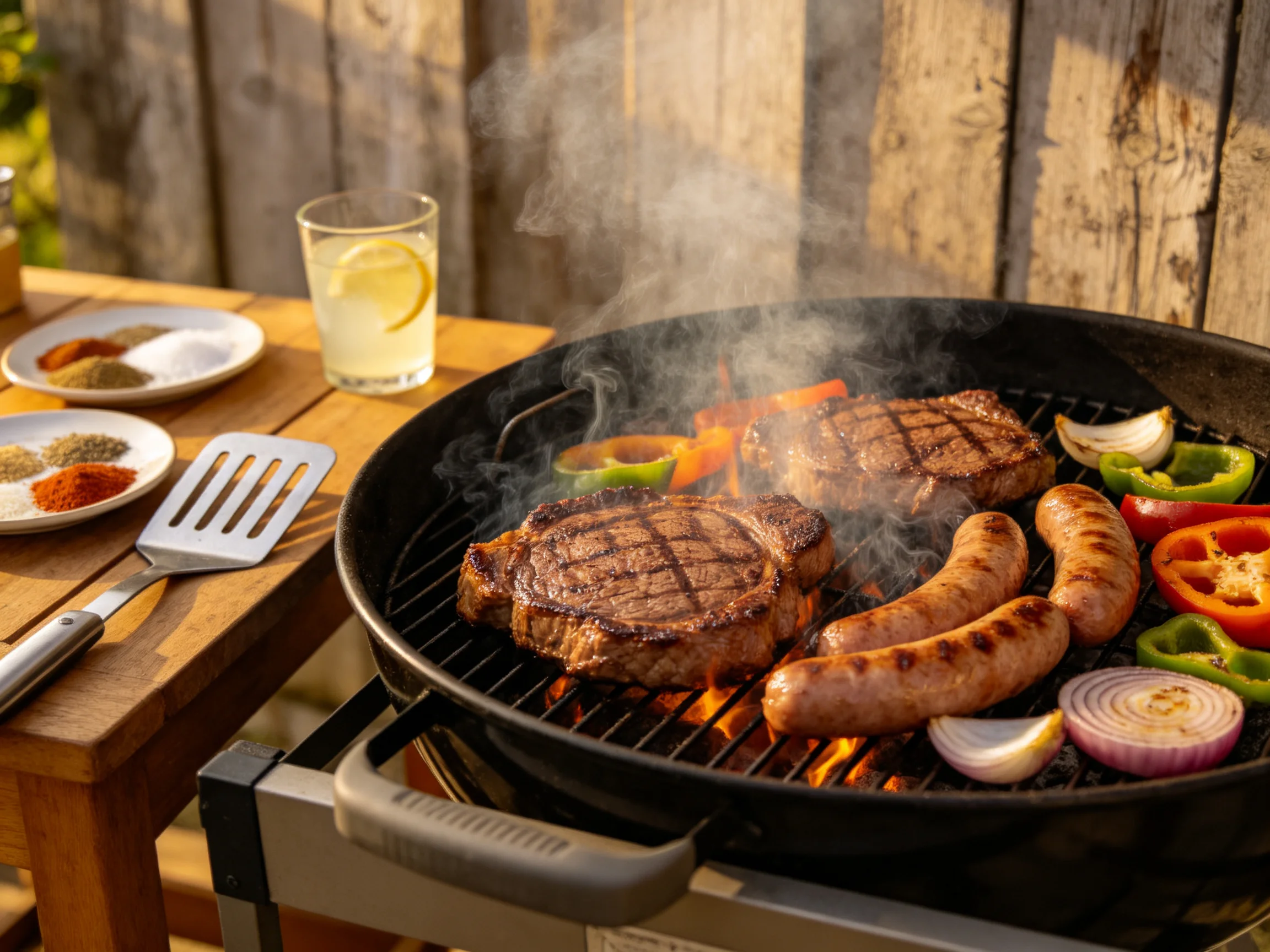 Two steaks, three sausages, and colorful veggies grill over open flames outdoors