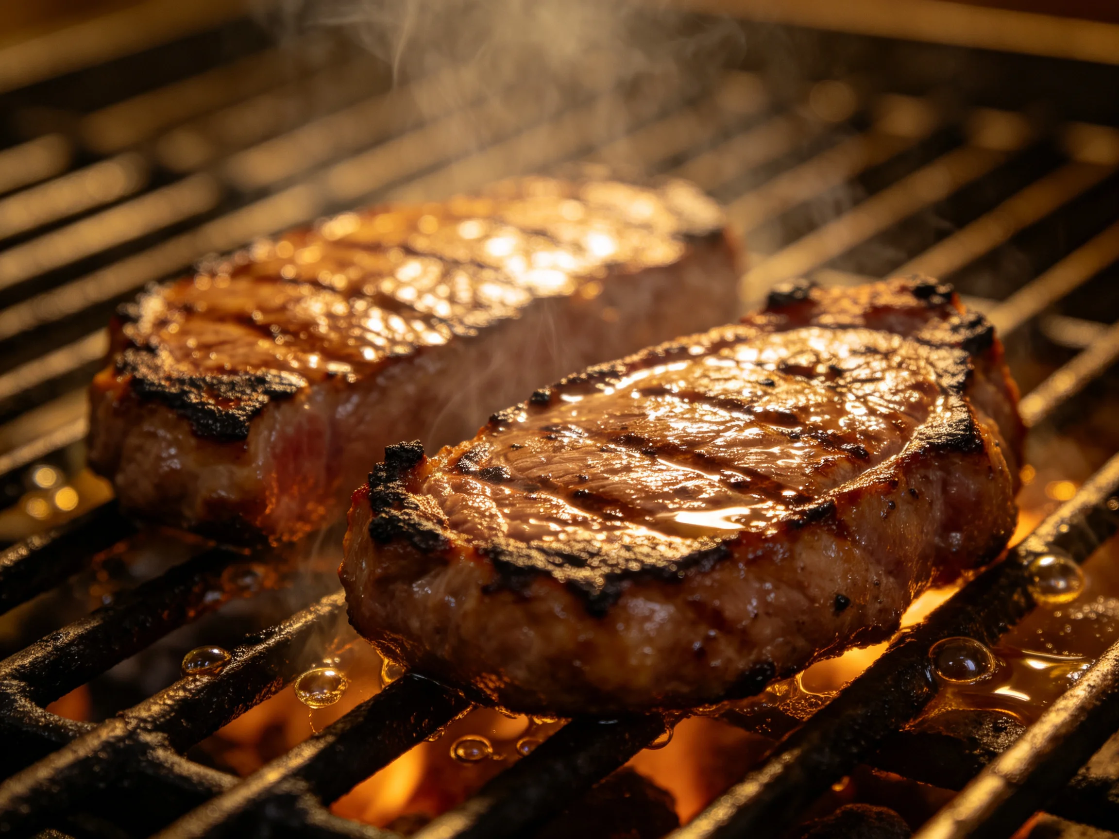 Two steaks with golden-brown sear marks cooking over glowing embers