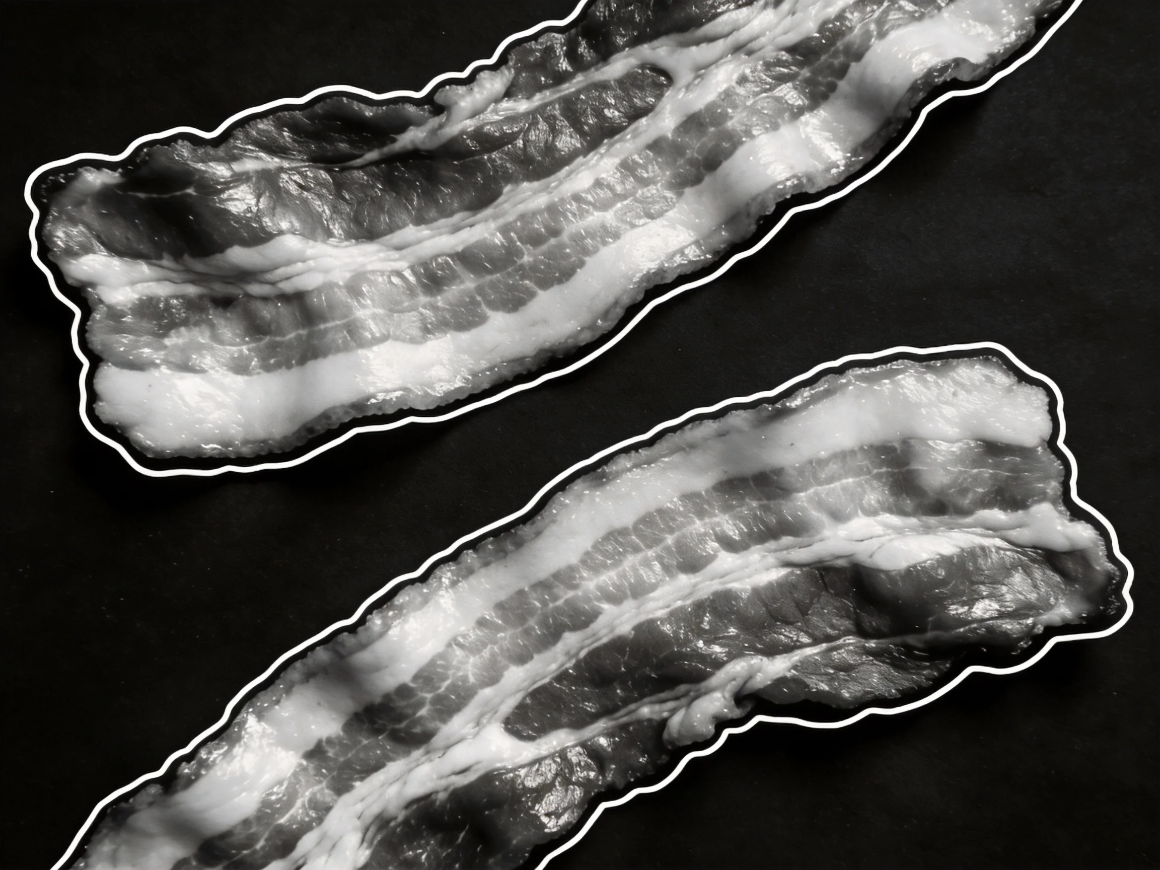 Two strips of raw bacon with distinct fat layers on a dark surface