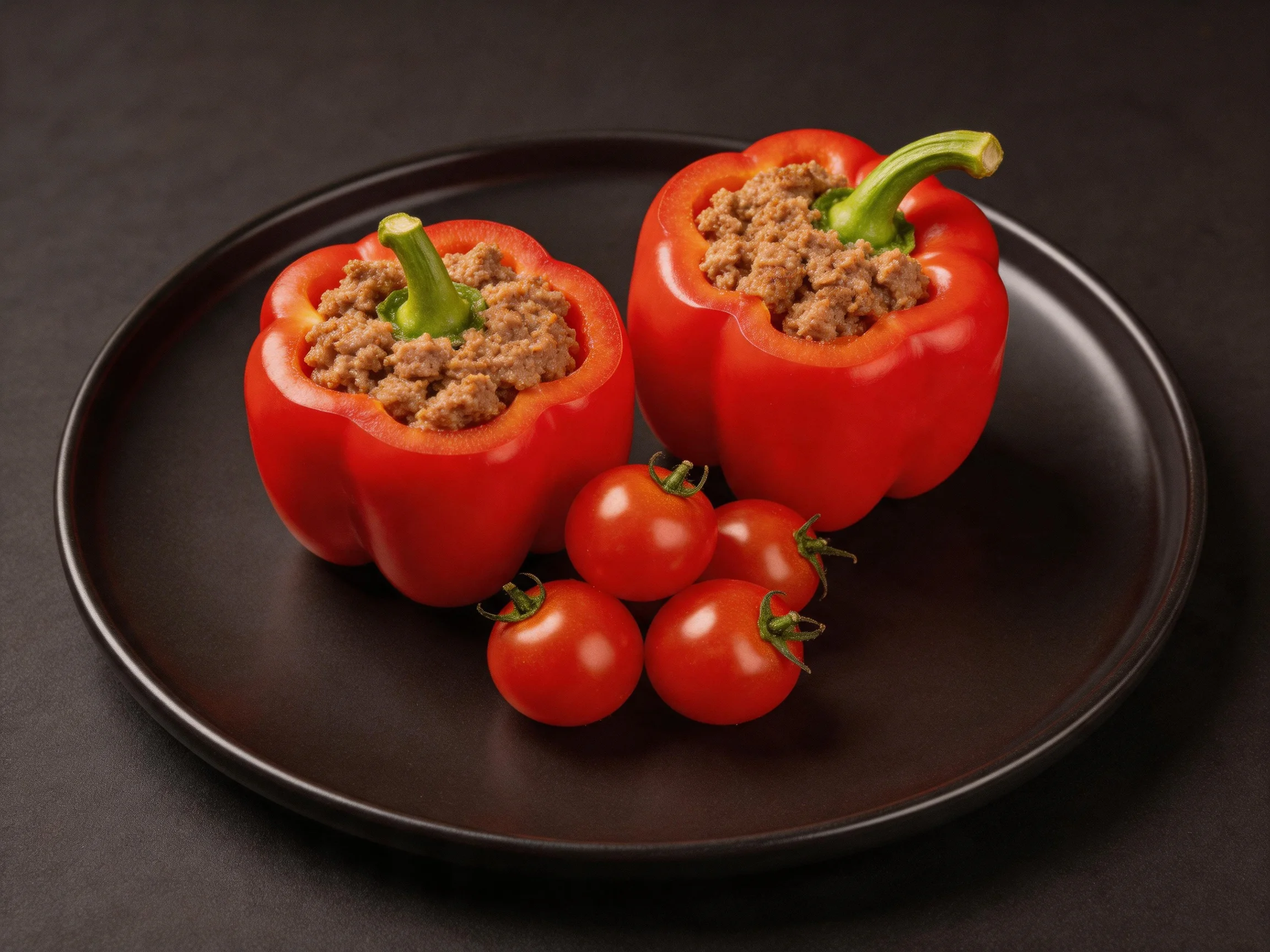 Two stuffed red bell peppers and four cherry tomatoes on a black plate