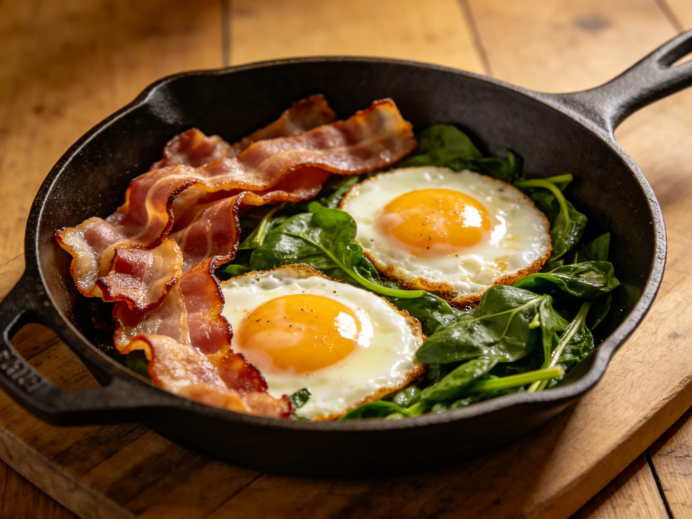 Two sunny-side up eggs, crispy bacon, and fresh greens in a black cast iron skillet
