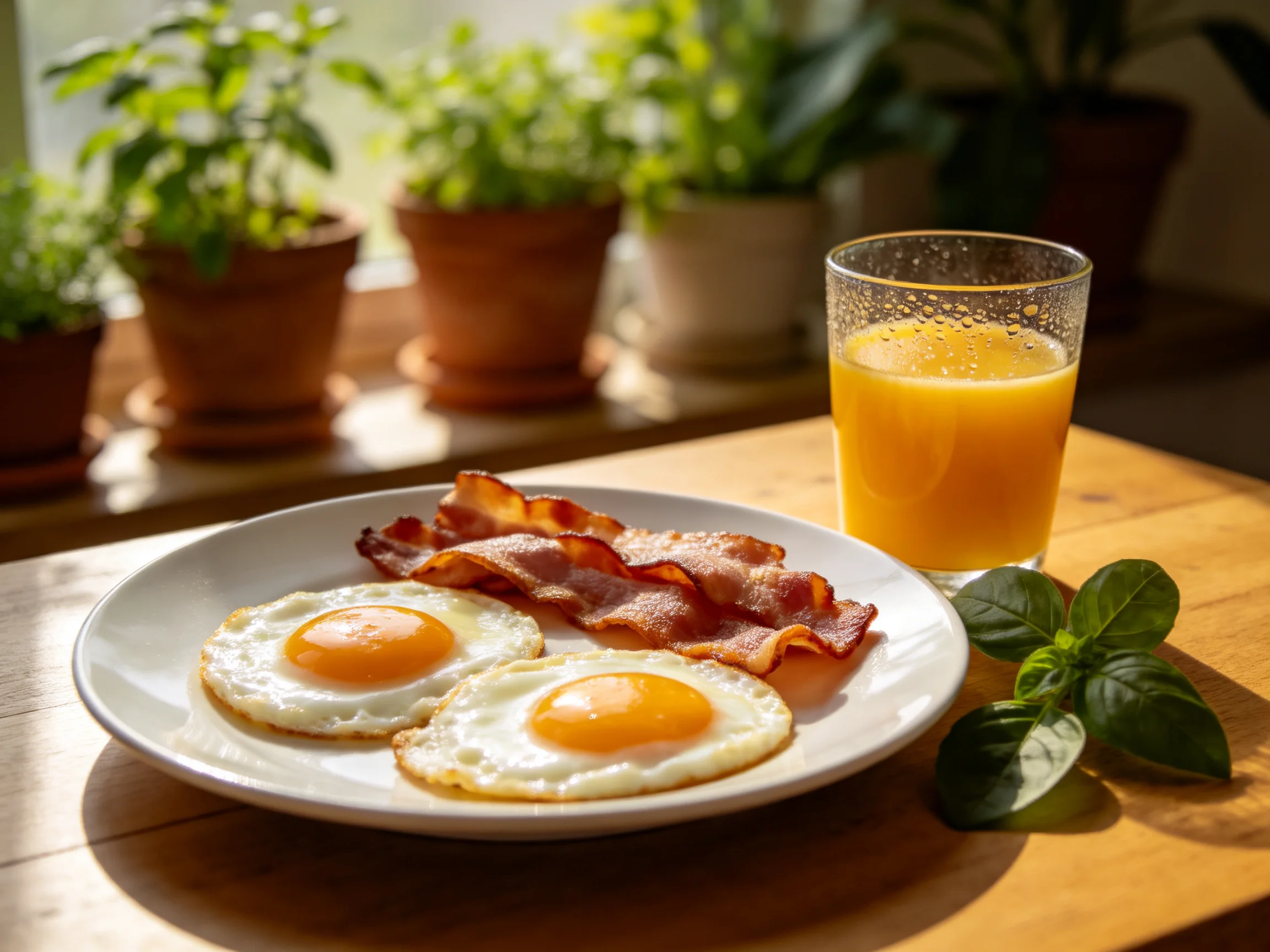Two sunny-side up eggs, crispy bacon, and orange juice on a wooden table with potted herbs