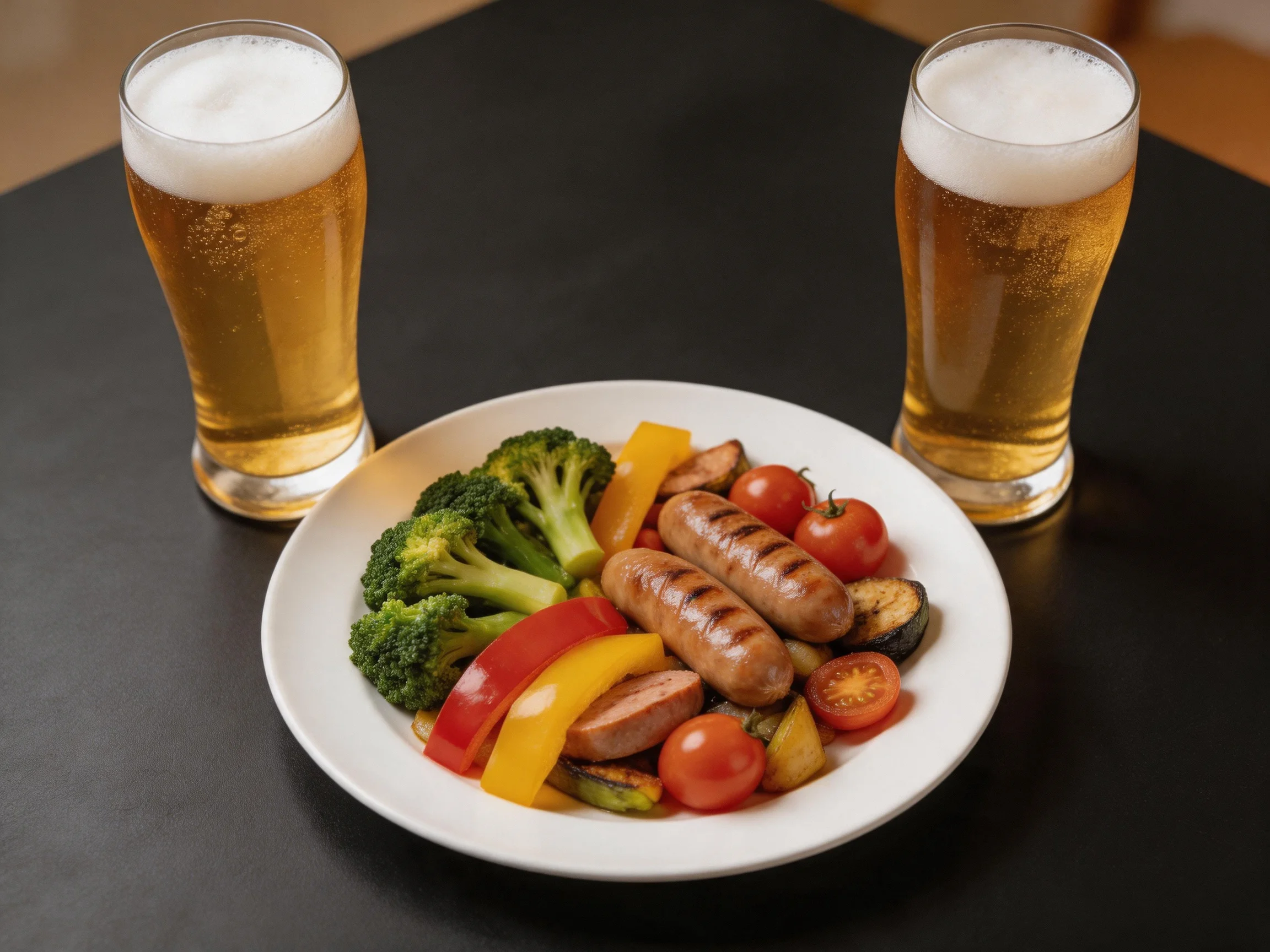 Two tall beer glasses sit next to a plate of grilled sausages and colorful vegetables.