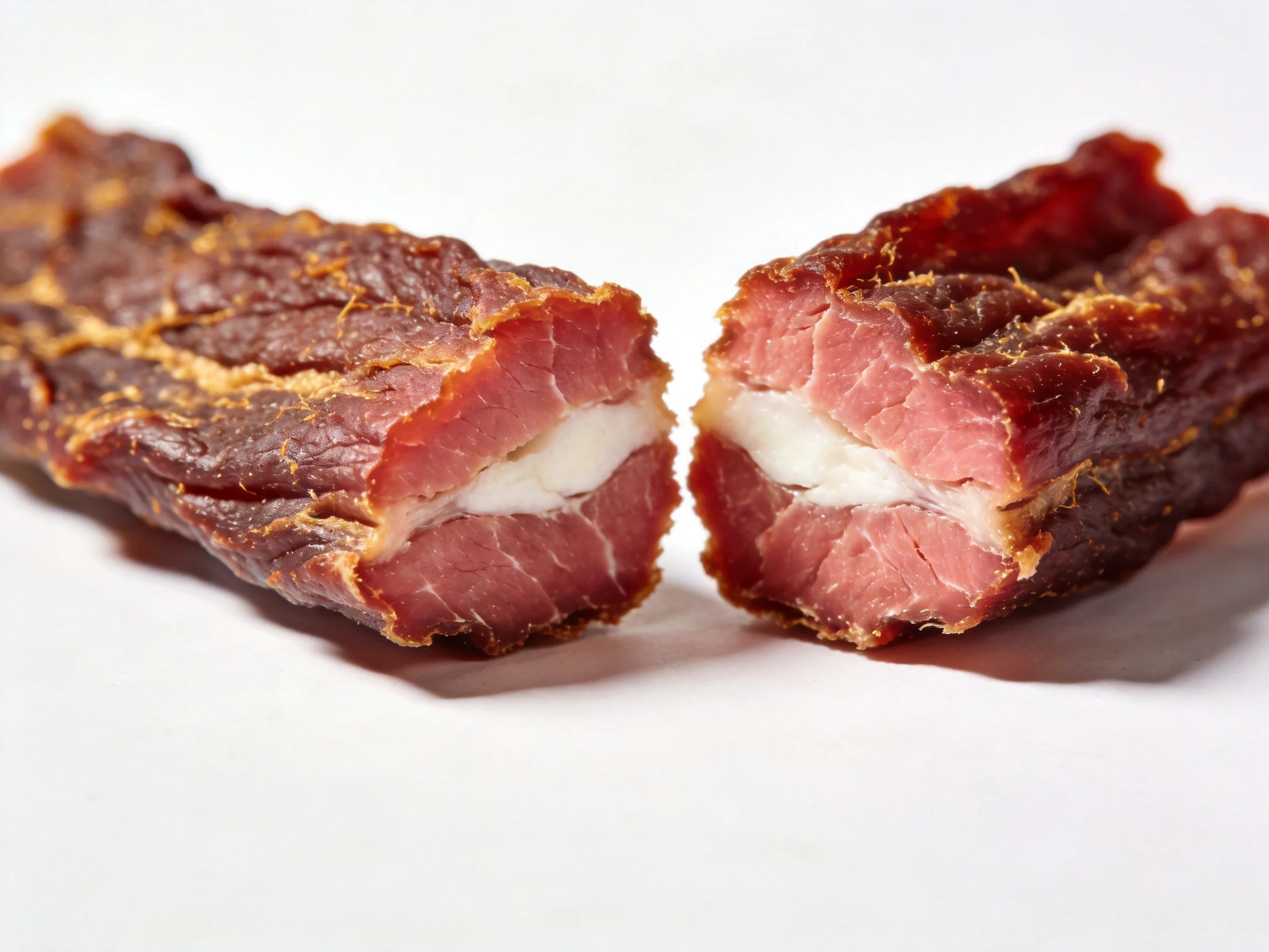 Two thick slices of reddish-brown dried meat with pink interiors