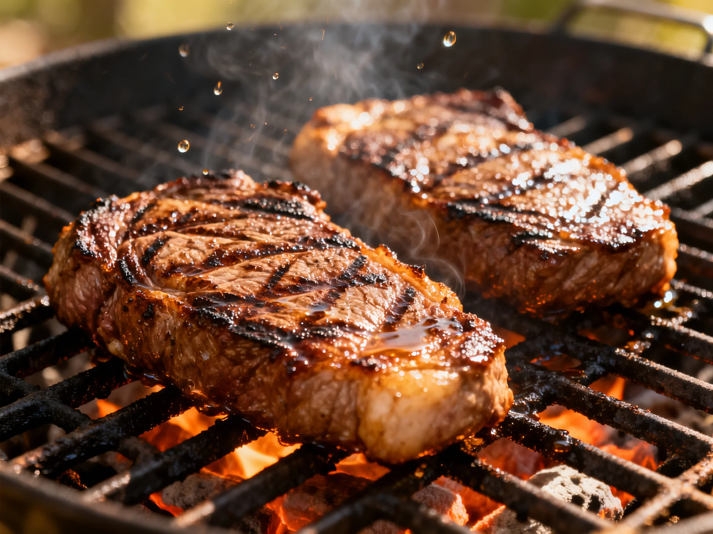 Two thick steaks grilling over bright embers