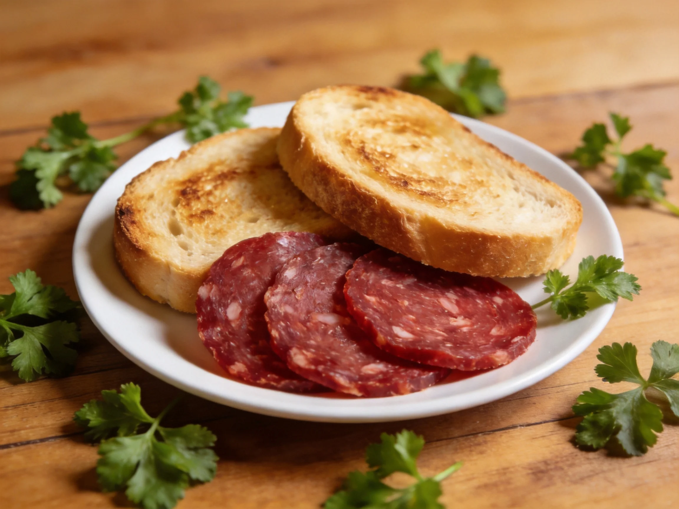Two toasted bread slices with salami and cilantro on a white plate