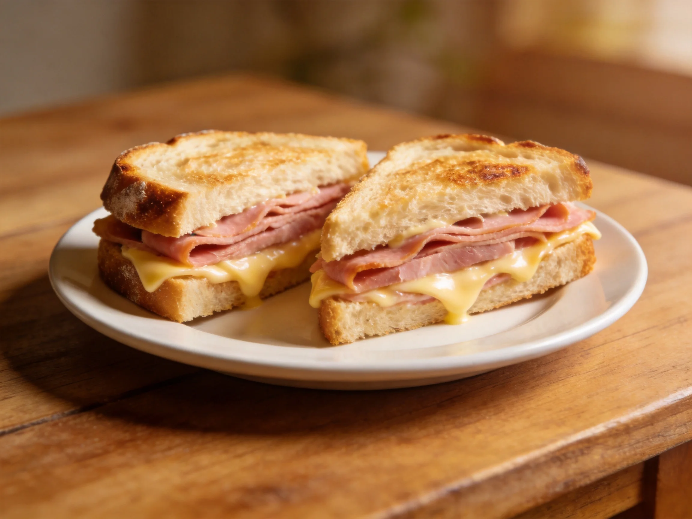 Two toasted ham and cheese sandwiches on a white plate