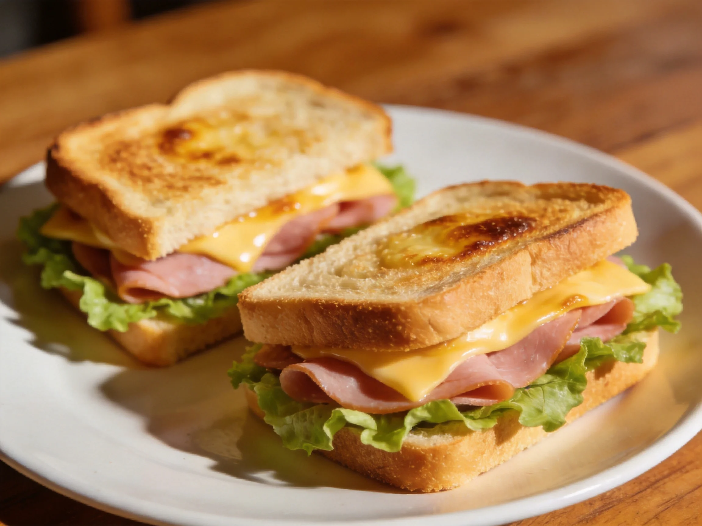 Two toasted ham and cheese sandwiches with golden-brown bread
