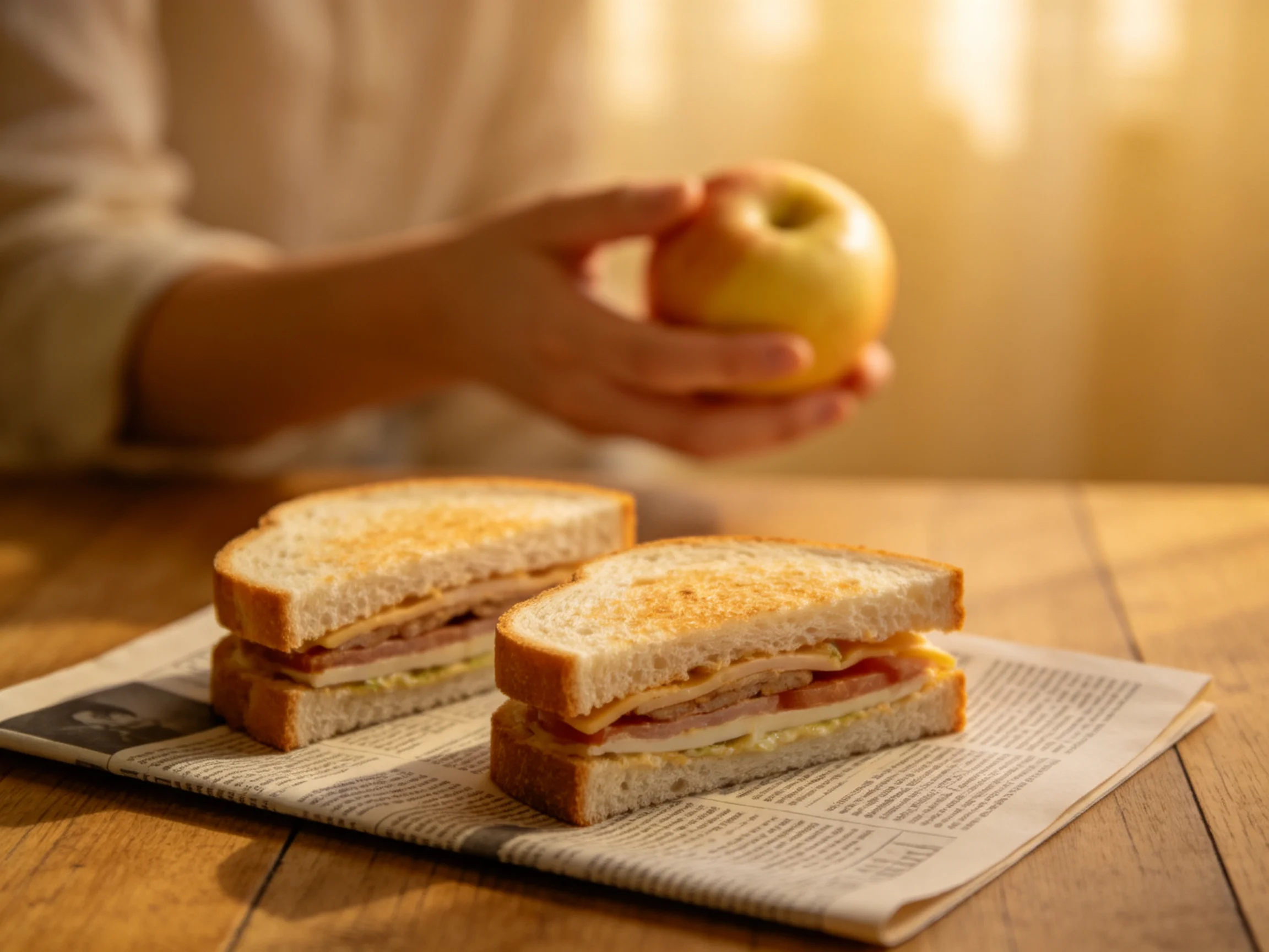 Two toasted sandwich halves rest on a newspaper beside a hand holding a golden apple