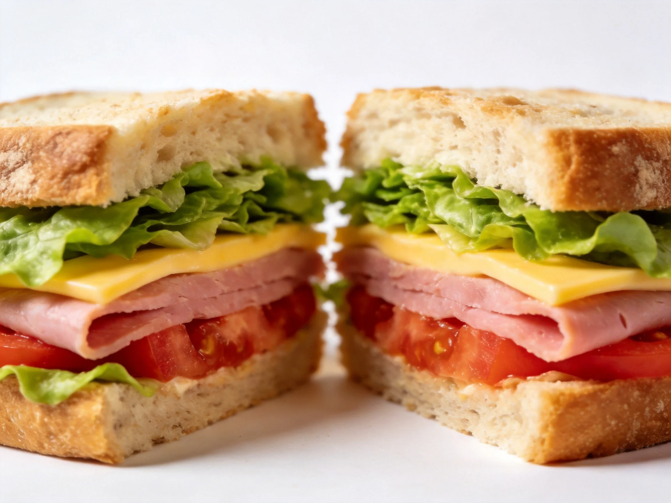 Two toasted sandwich halves with layers of lettuce, cheese, ham, and tomato