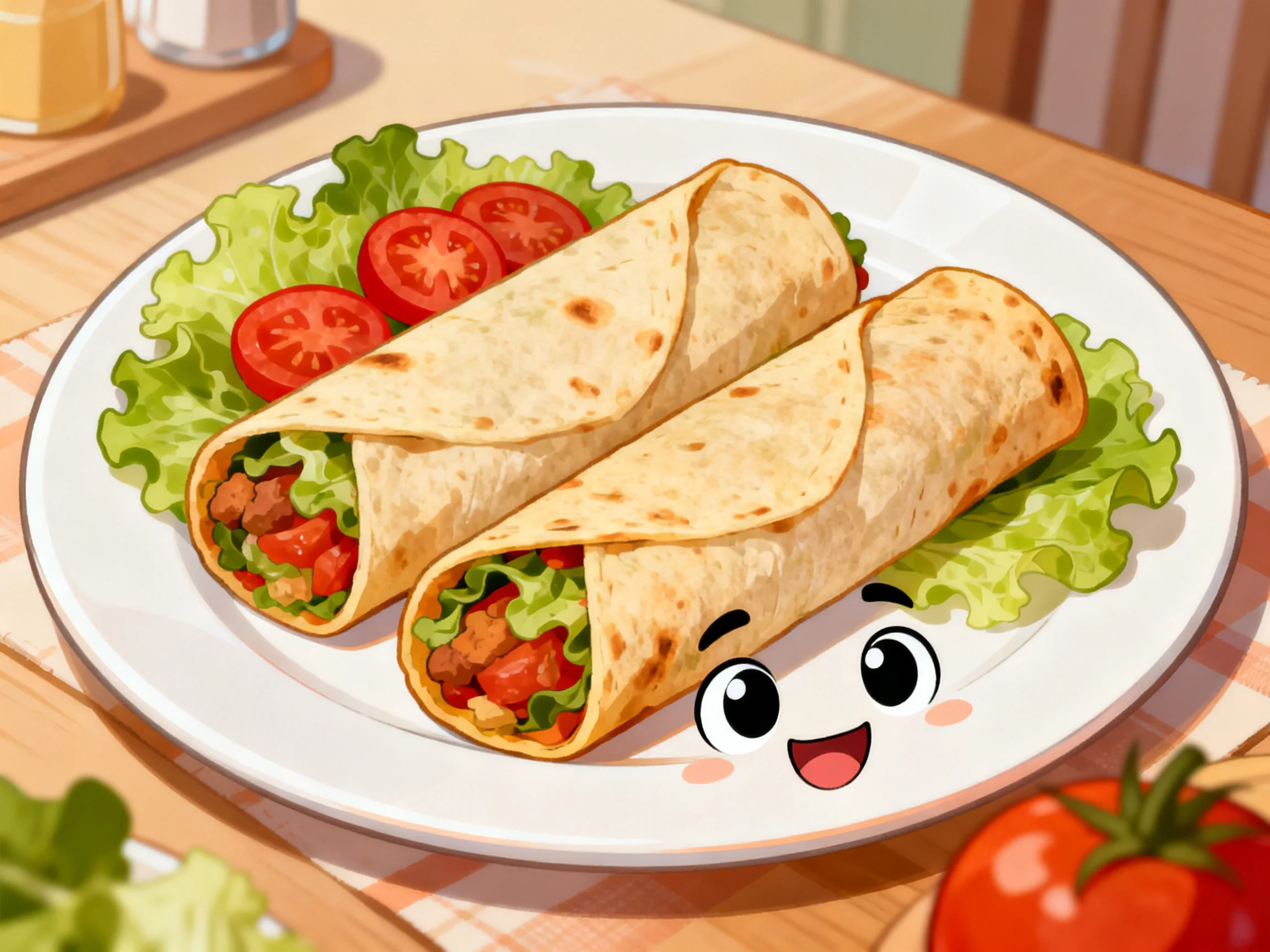 Two toasted tortilla wraps with fresh greens and tomatoes on a white plate