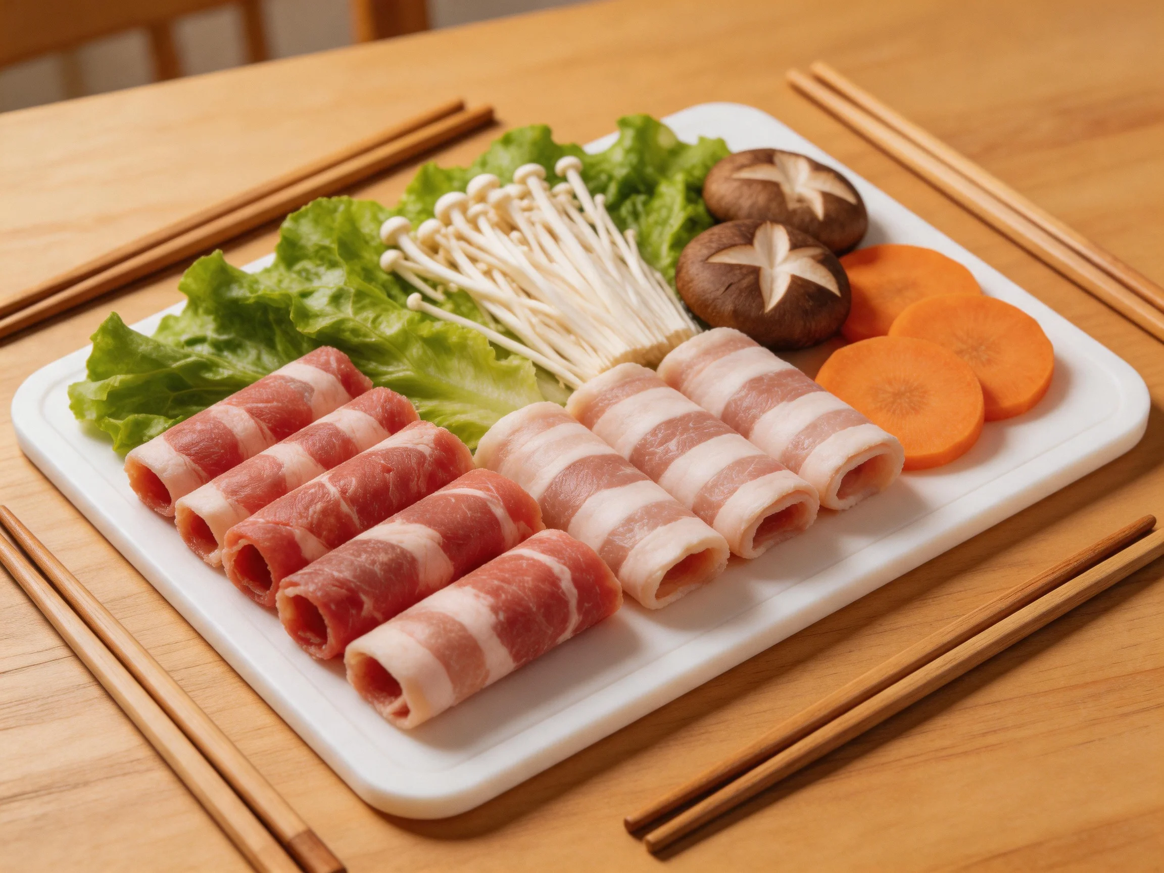 Two types of rolled meats with fresh vegetables on a white platter