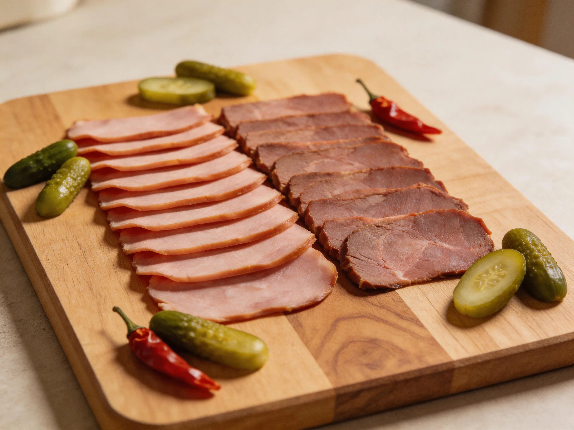 Two varieties of sliced deli meat with pickles and chilies on a wooden board