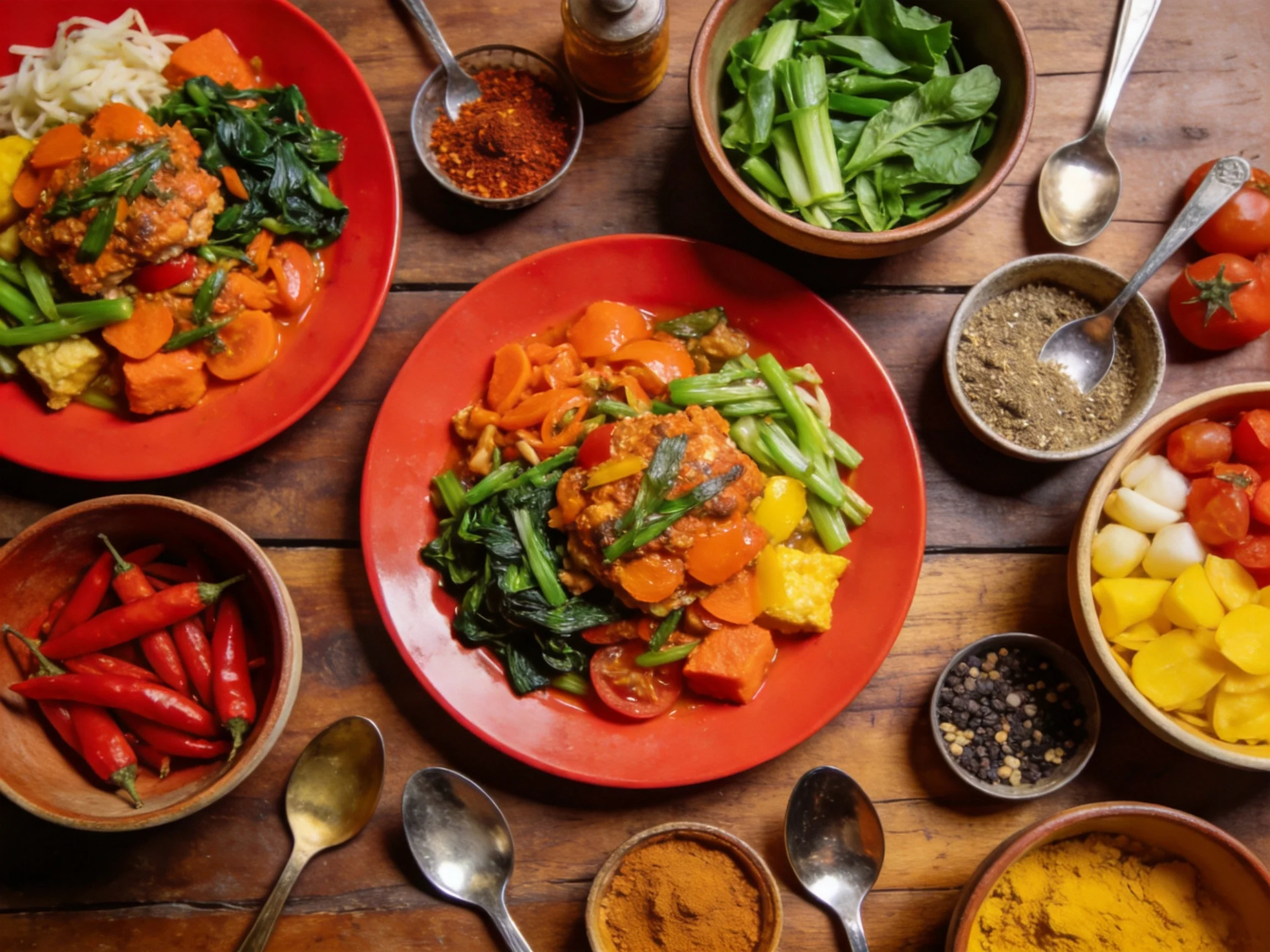 Two vibrant plates of vegetable stew with assorted spices and greens