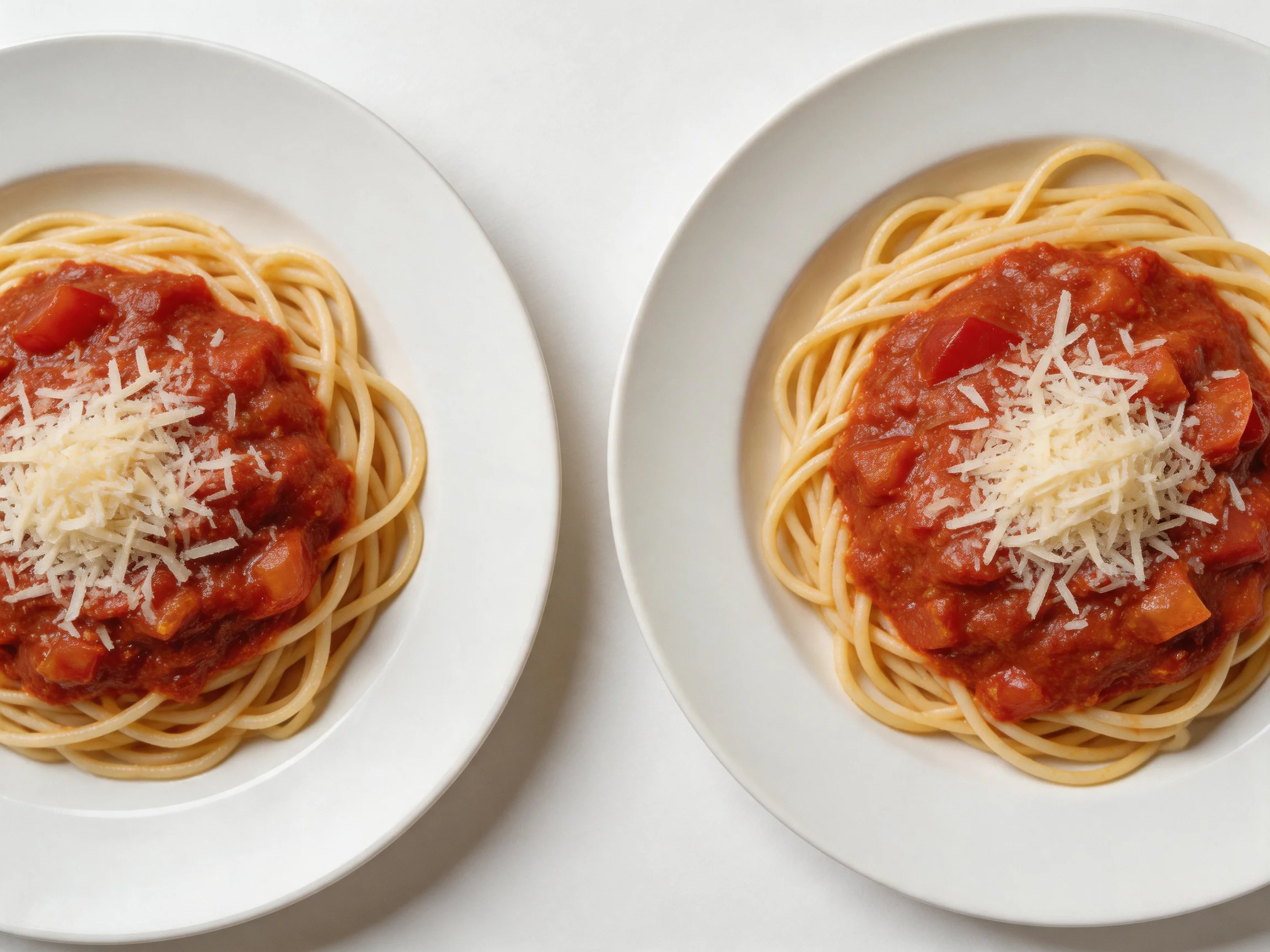 Two white plates serve spaghetti with rich tomato sauce and shredded cheese