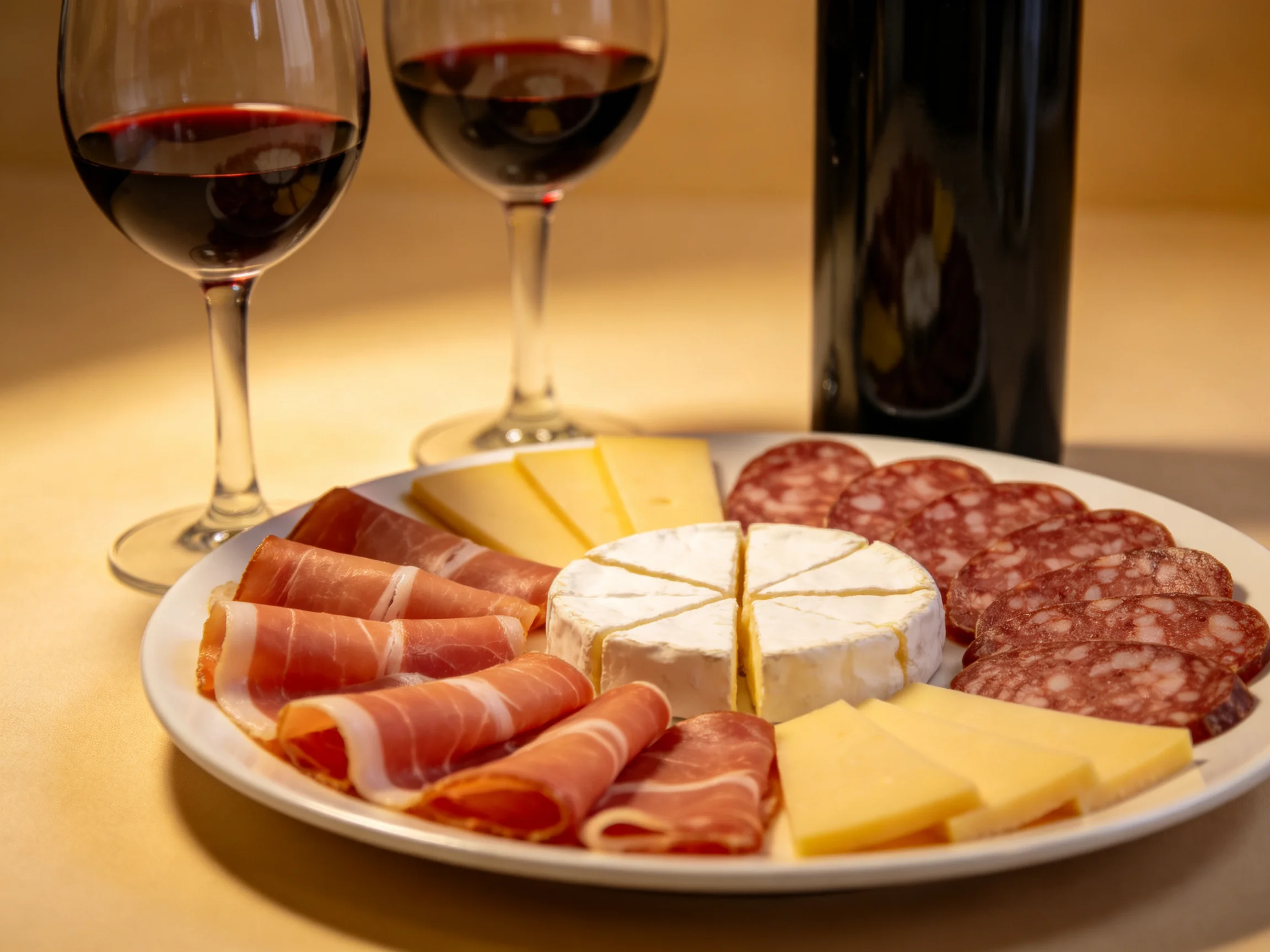 Two wine glasses of red wine beside a platter of assorted cheeses and cured meats