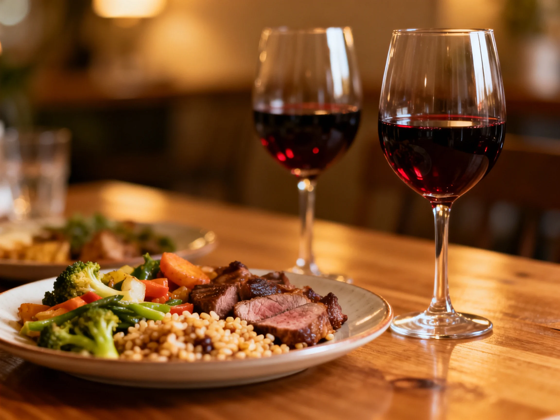Two wine glasses sit beside a plate of steak, grains, and mixed vegetables on a wooden table