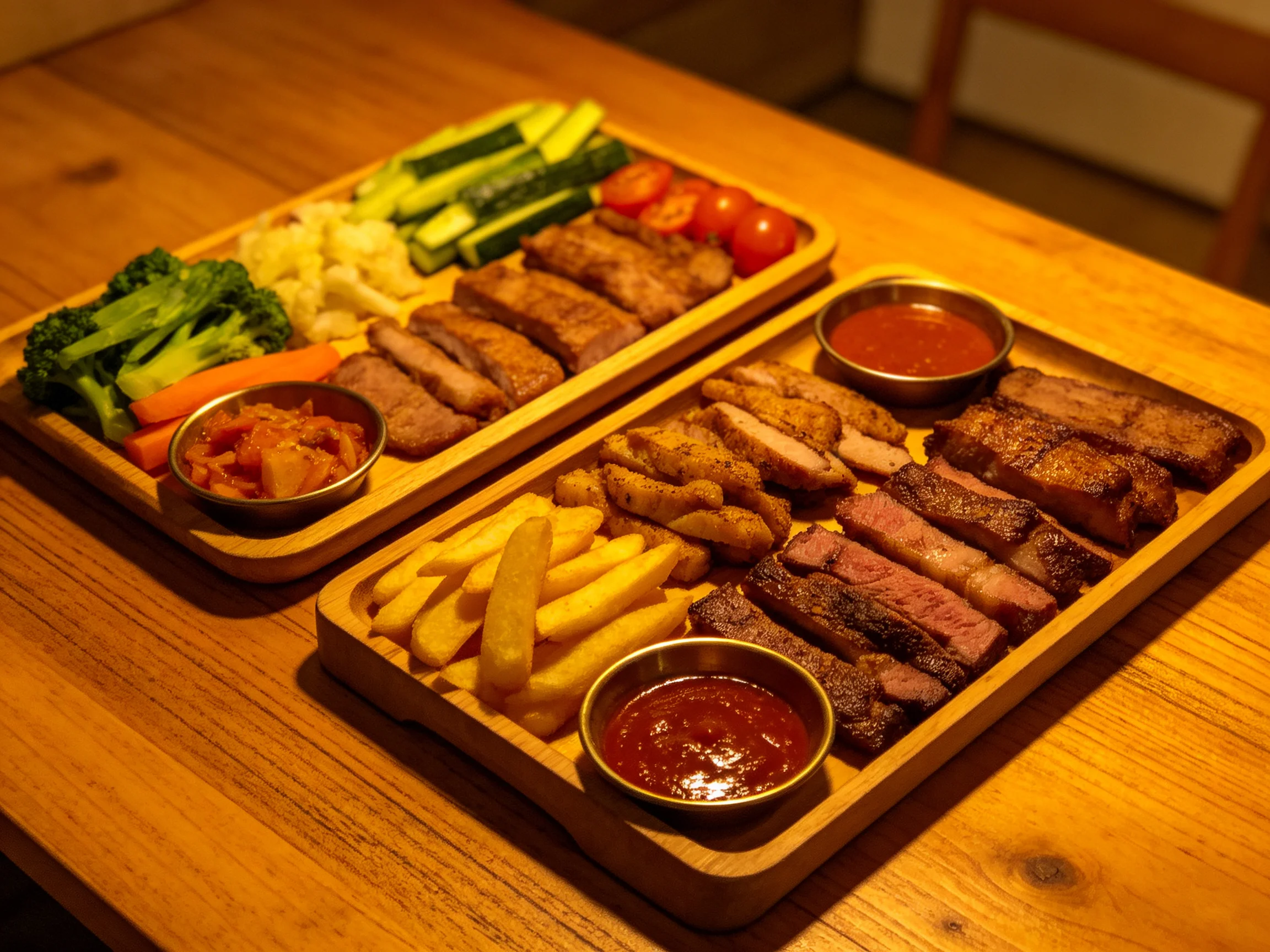 Two wooden trays serve grilled meats, fresh veggies, and sauces
