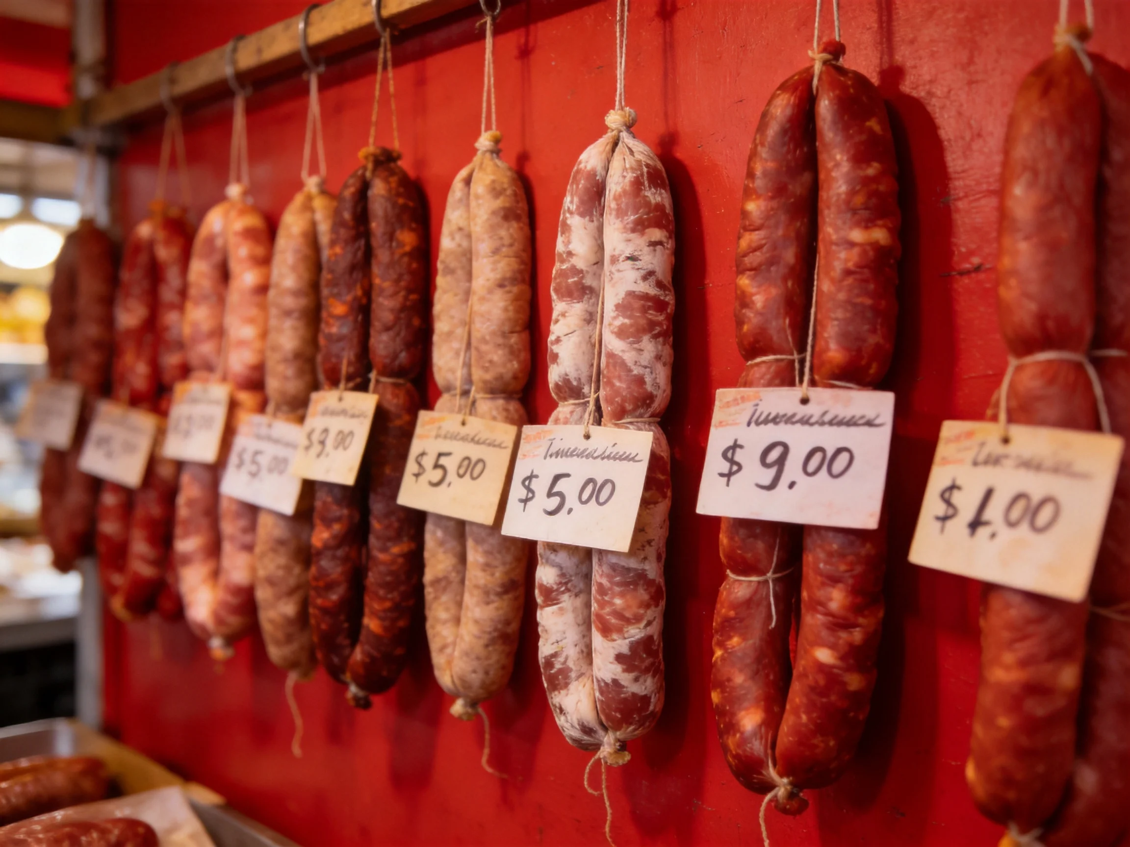 Various colored sausages hang from hooks against a vibrant red wall