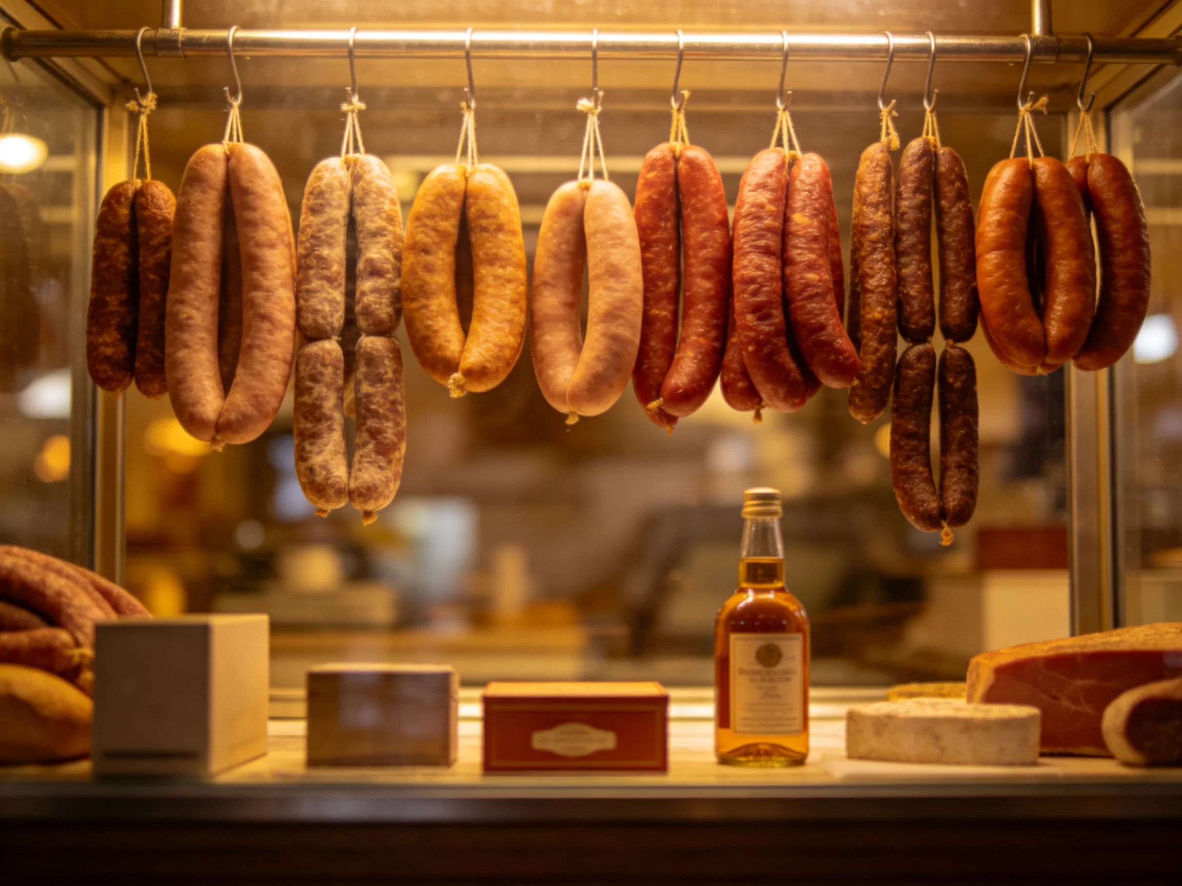Various colored sausages hang from hooks in a glass display case