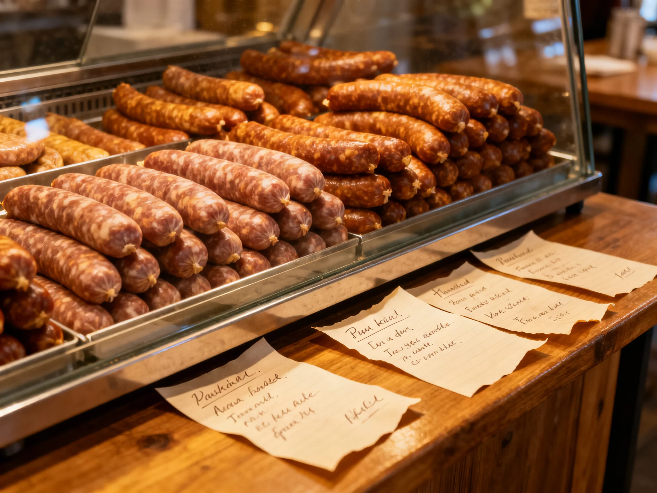 Various colored sausages stacked in a glass display case with handwritten labels