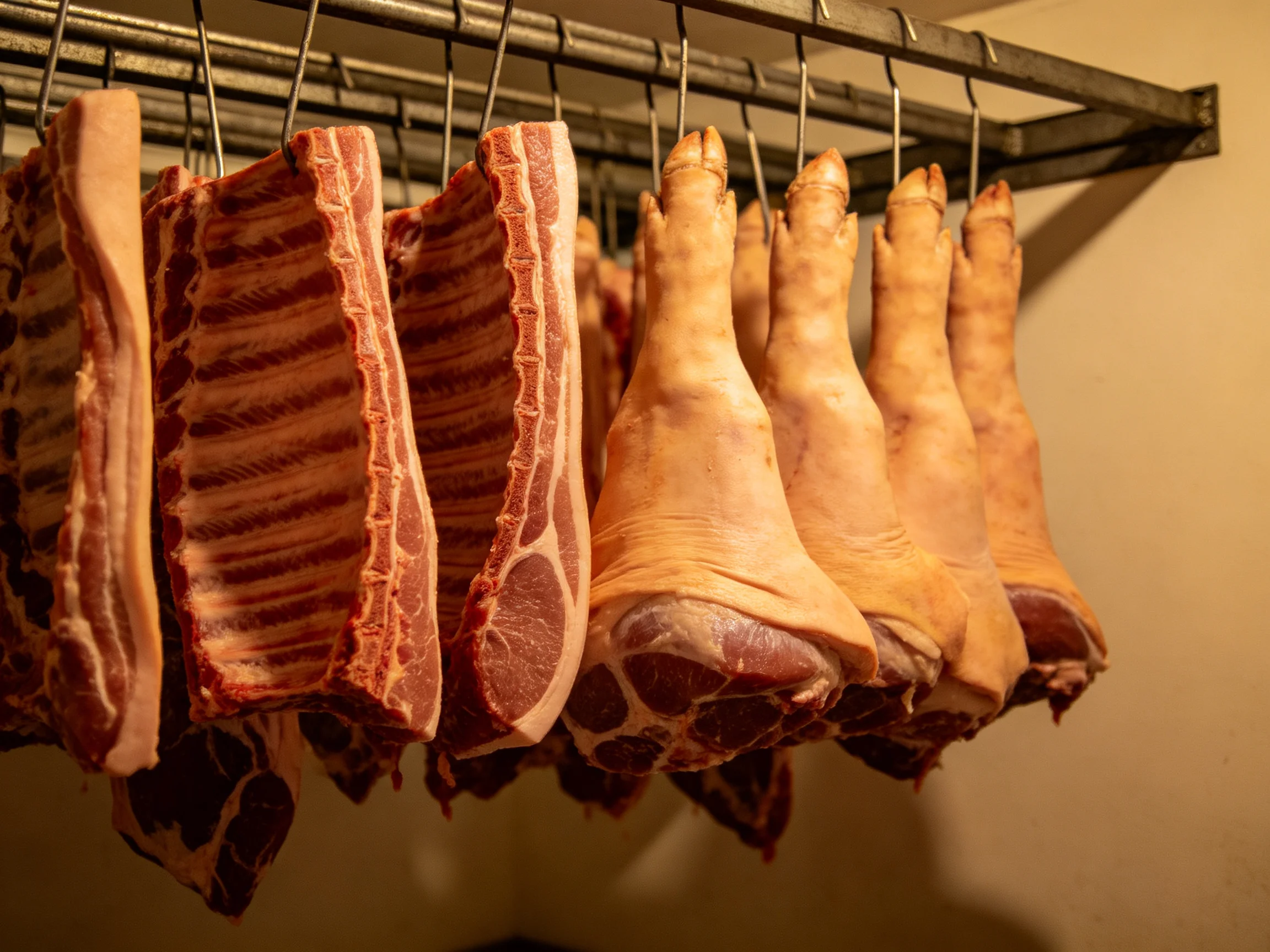 Various cured meats hang from metal hooks on a rack