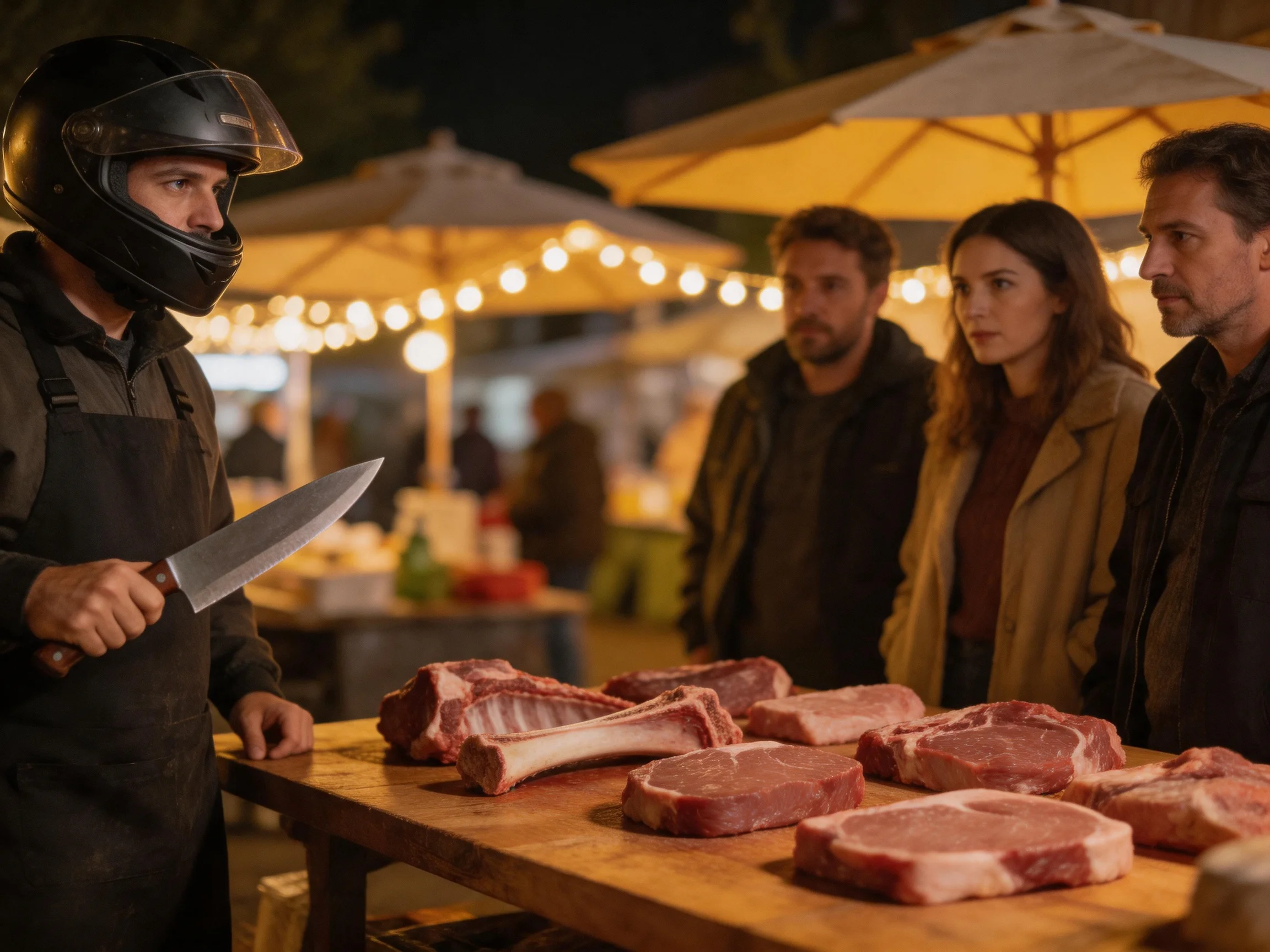 Vendor in black gear holds large knife near raw meats at evening market