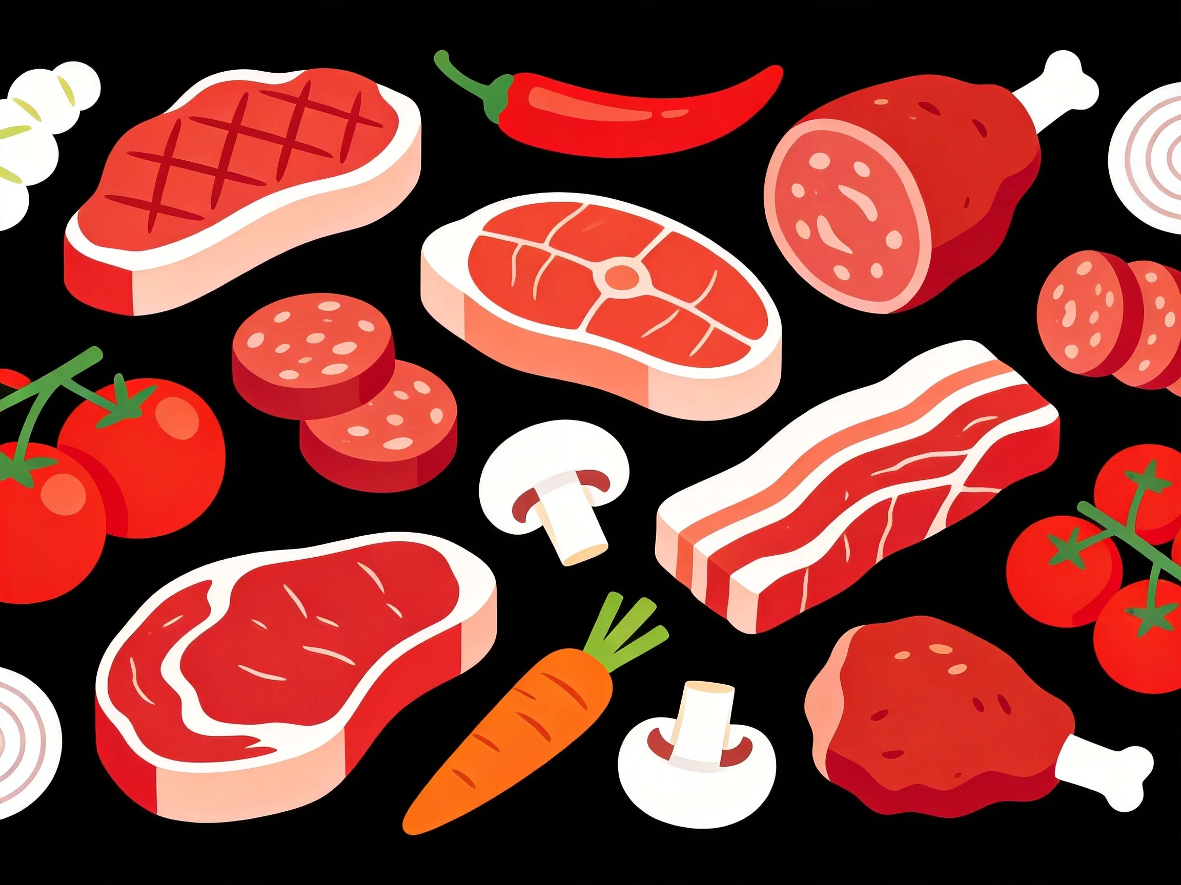 Vibrant cartoon illustration of assorted meats and vegetables