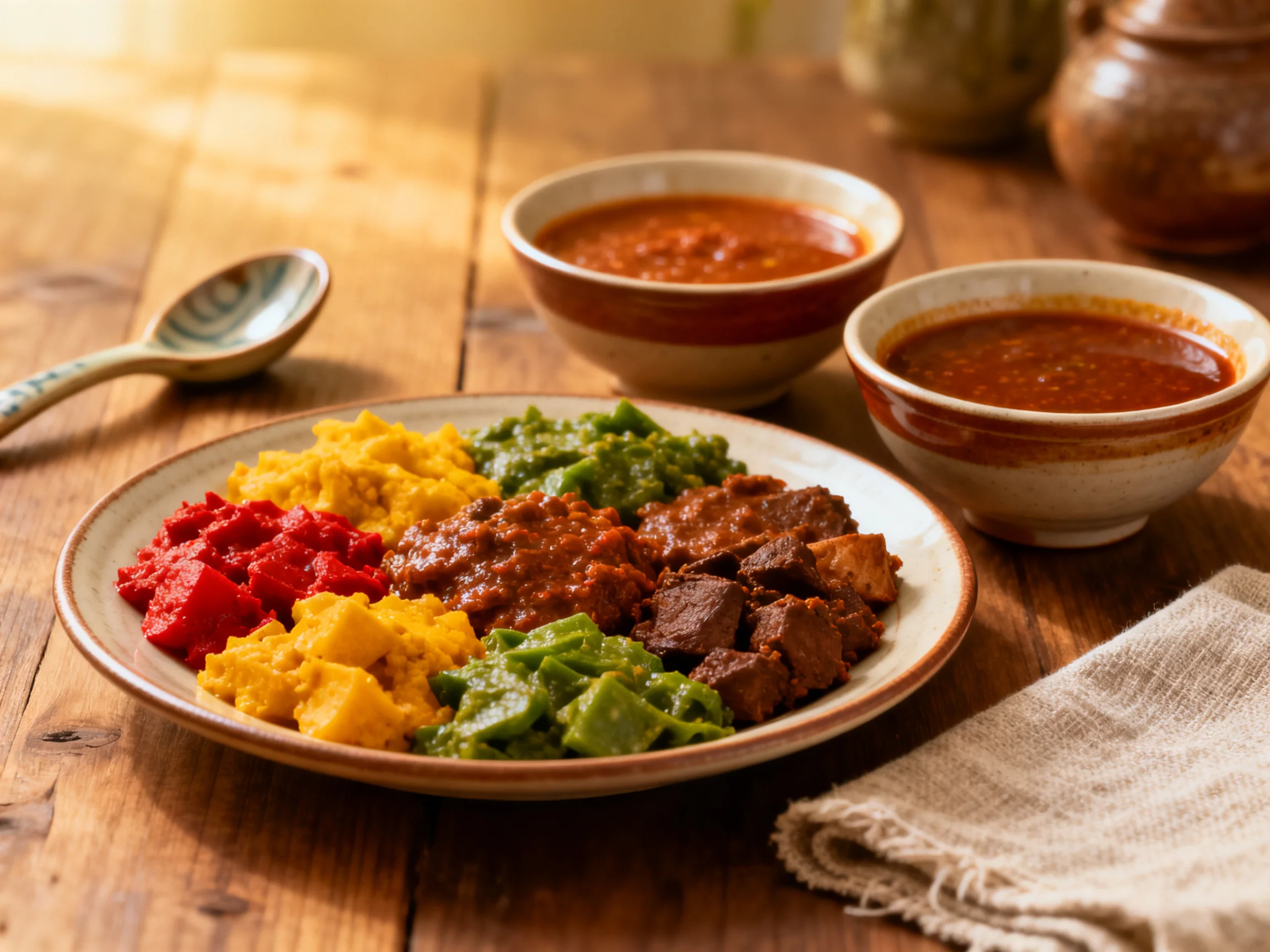 Vibrant dish platter with two soup bowls on wooden