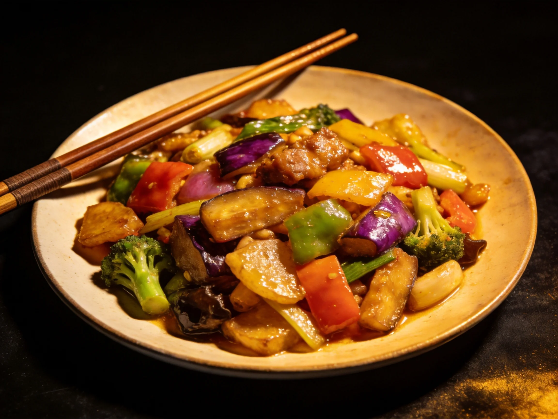 Vibrant vegetable and meat stir - fry with assorted ingredients