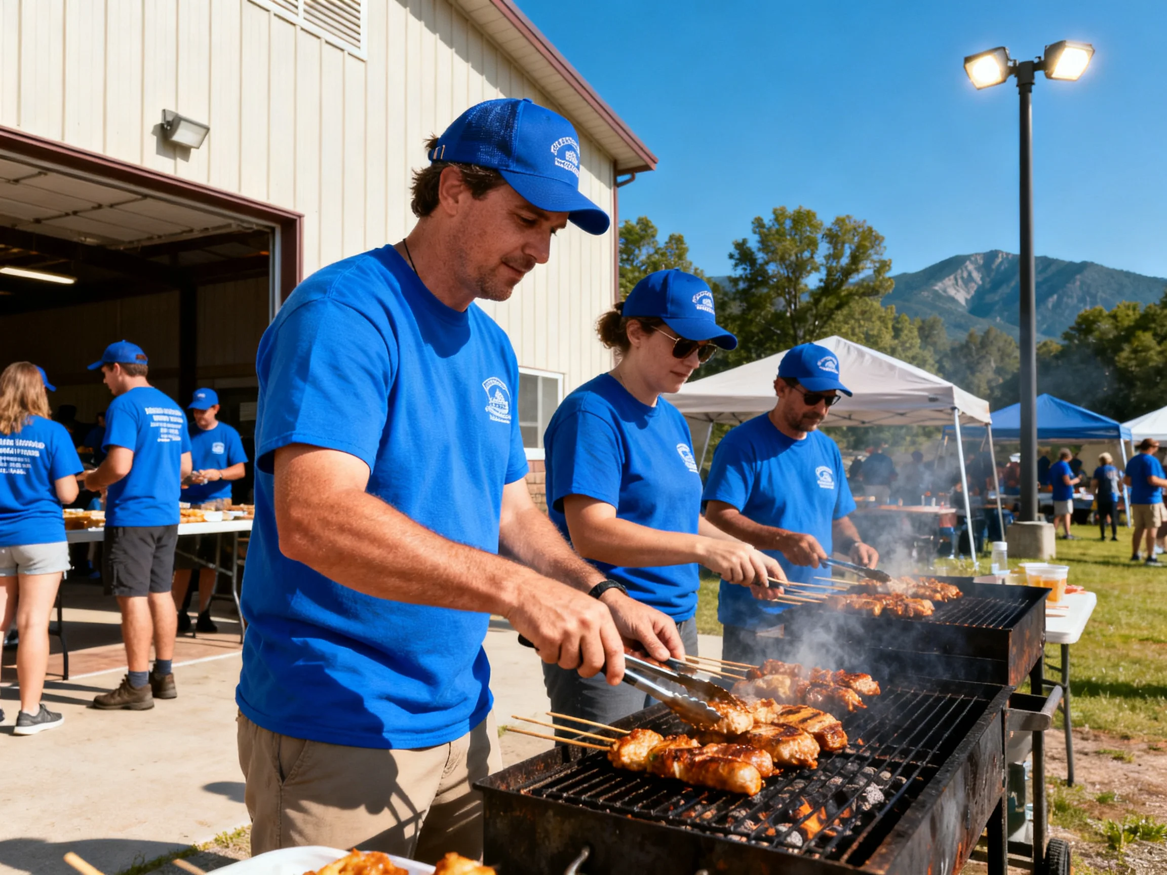 Volunteers grill meat in blue shirts near a barn with mountains