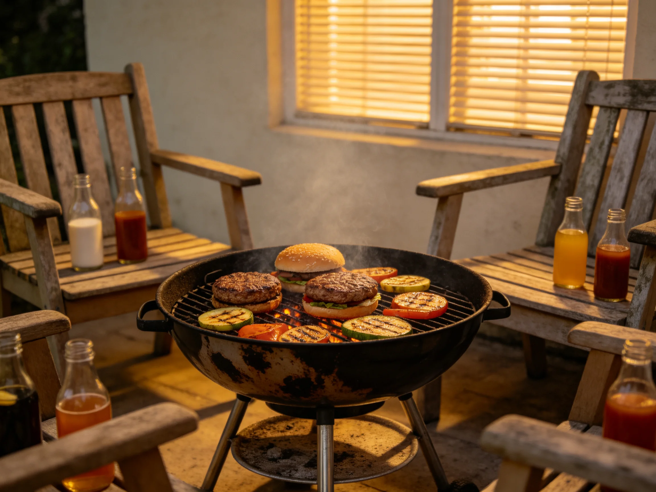 Weathered wooden chairs surround a charcoal grill with burgers and veggies