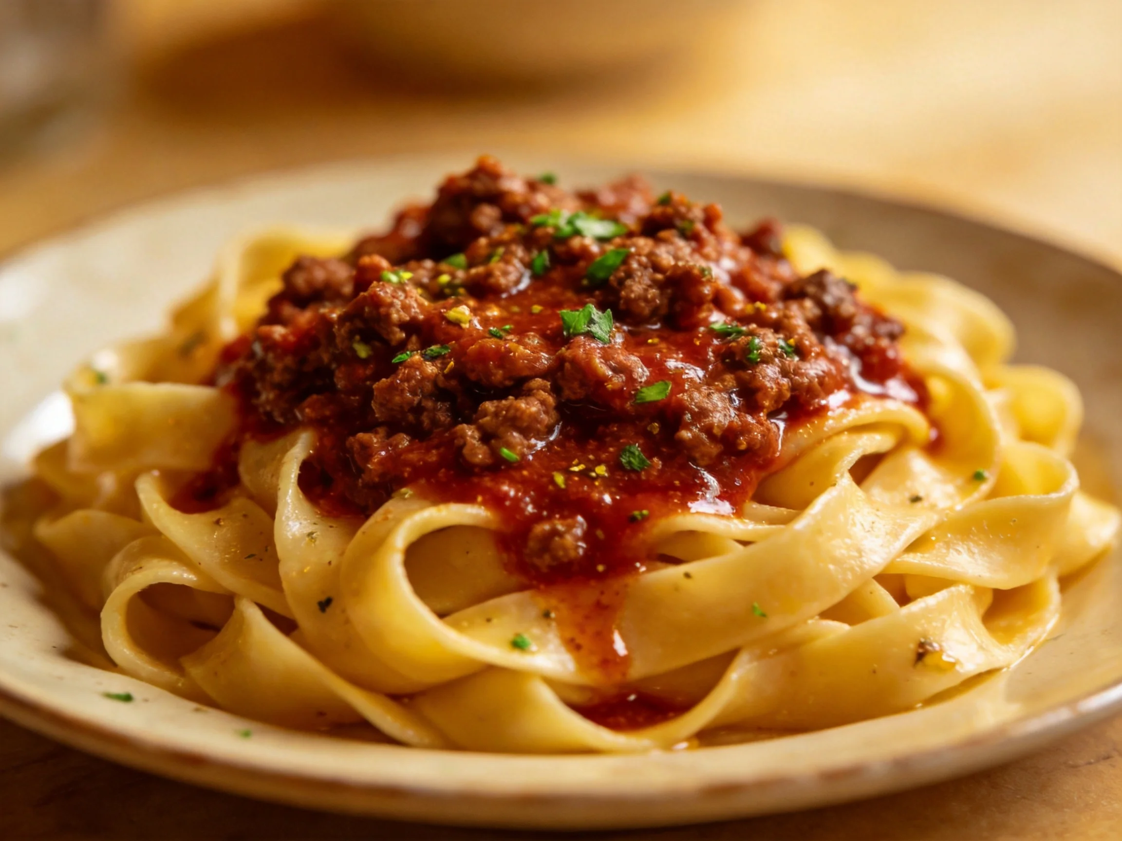Wide fettuccine with rich meat sauce and herb topping
