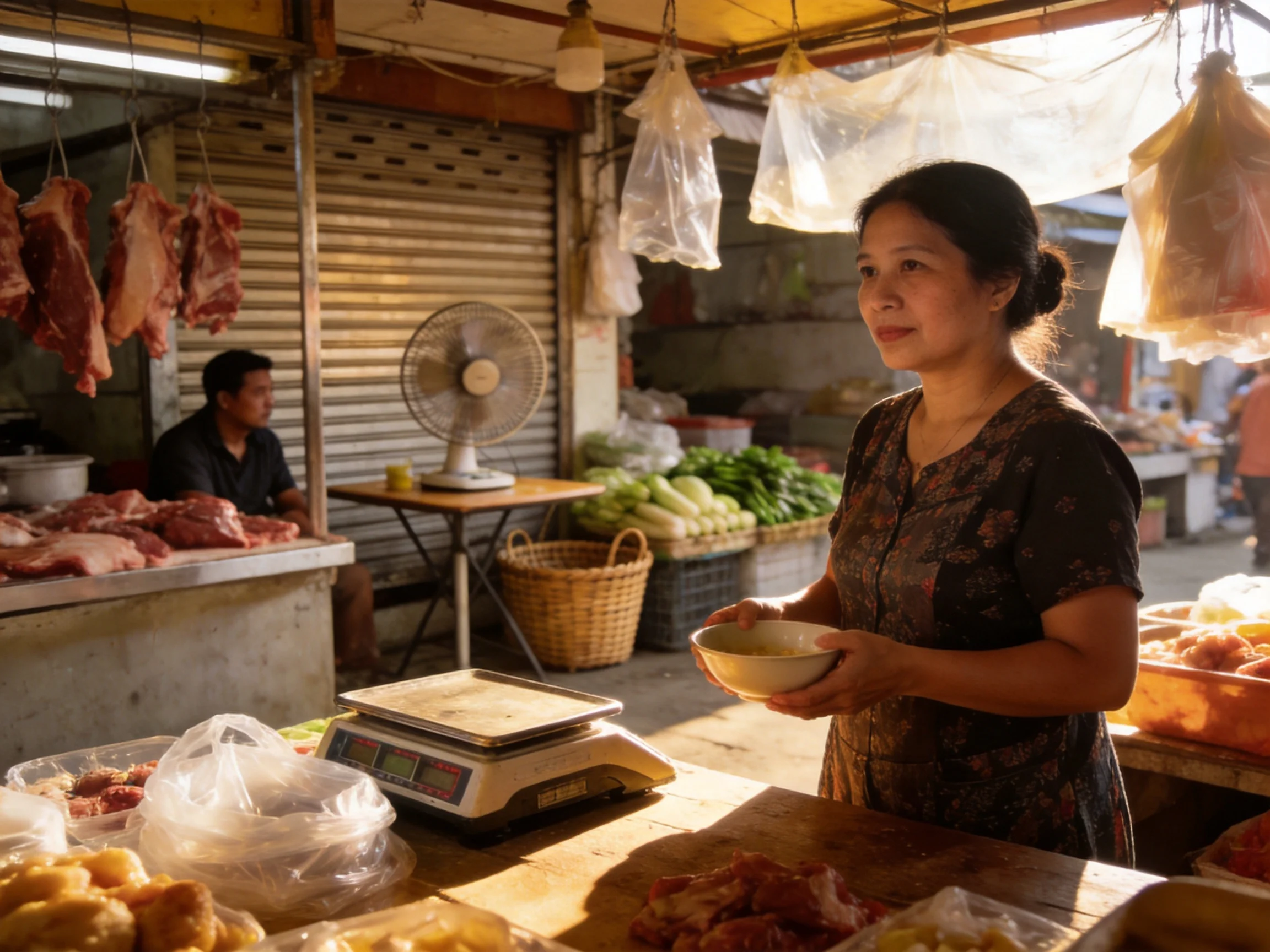Woman with bowl at bustling open - air market featuring hanging meats
