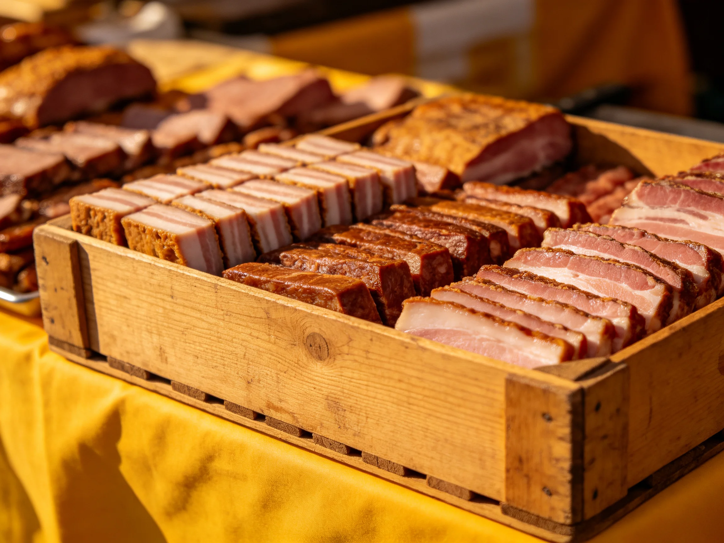 Wooden crates display assorted sliced cured meats on a yellow tablecloth