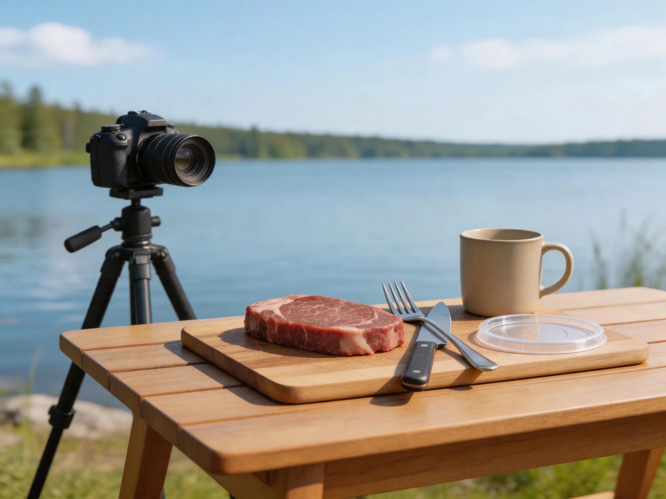 Wooden table by calm lake with steak, mug, and camera