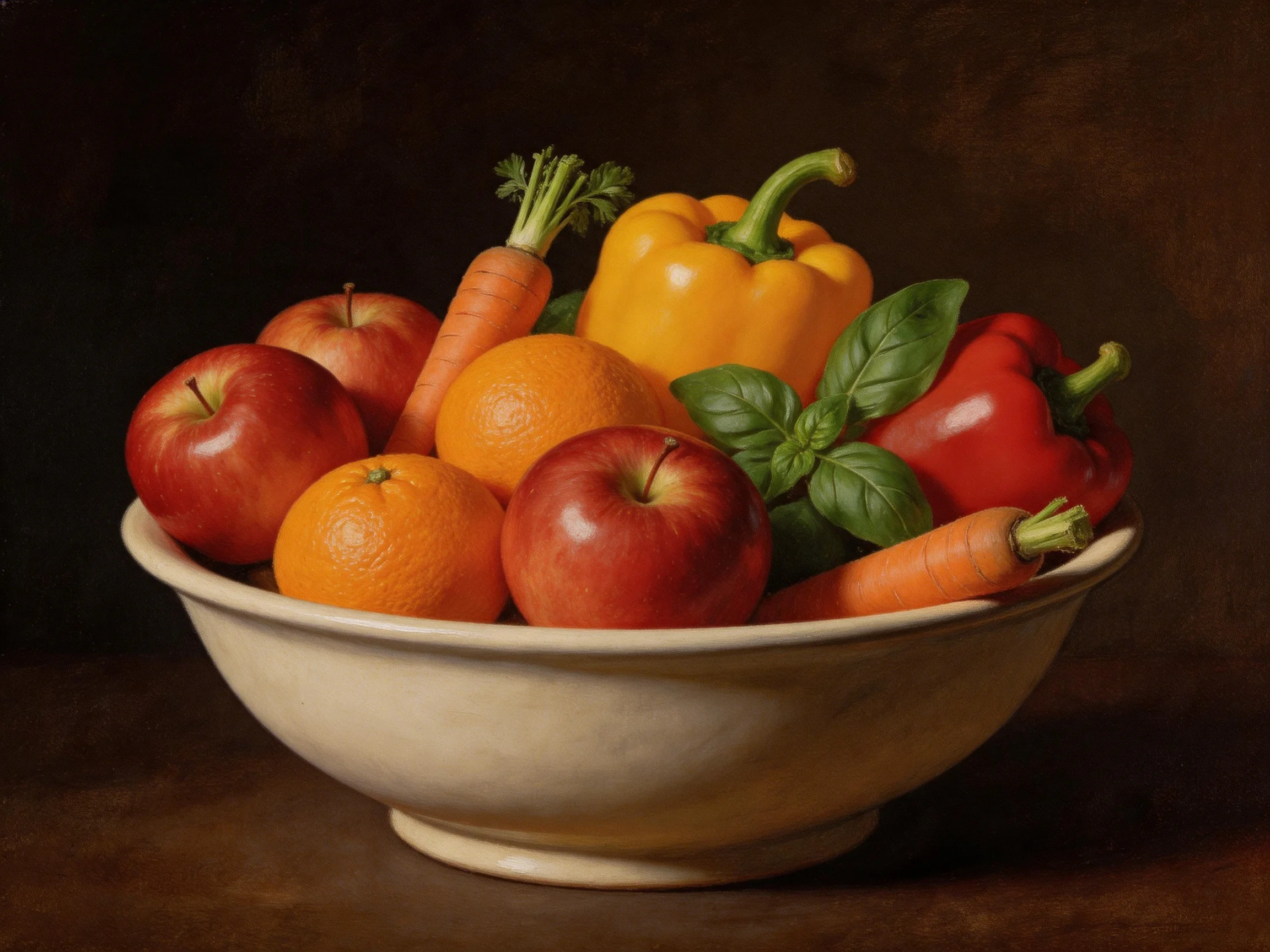 A Bowl with Red Apples, Orange Oranges, Yellow Pepper, Red Pepper, and Carrots