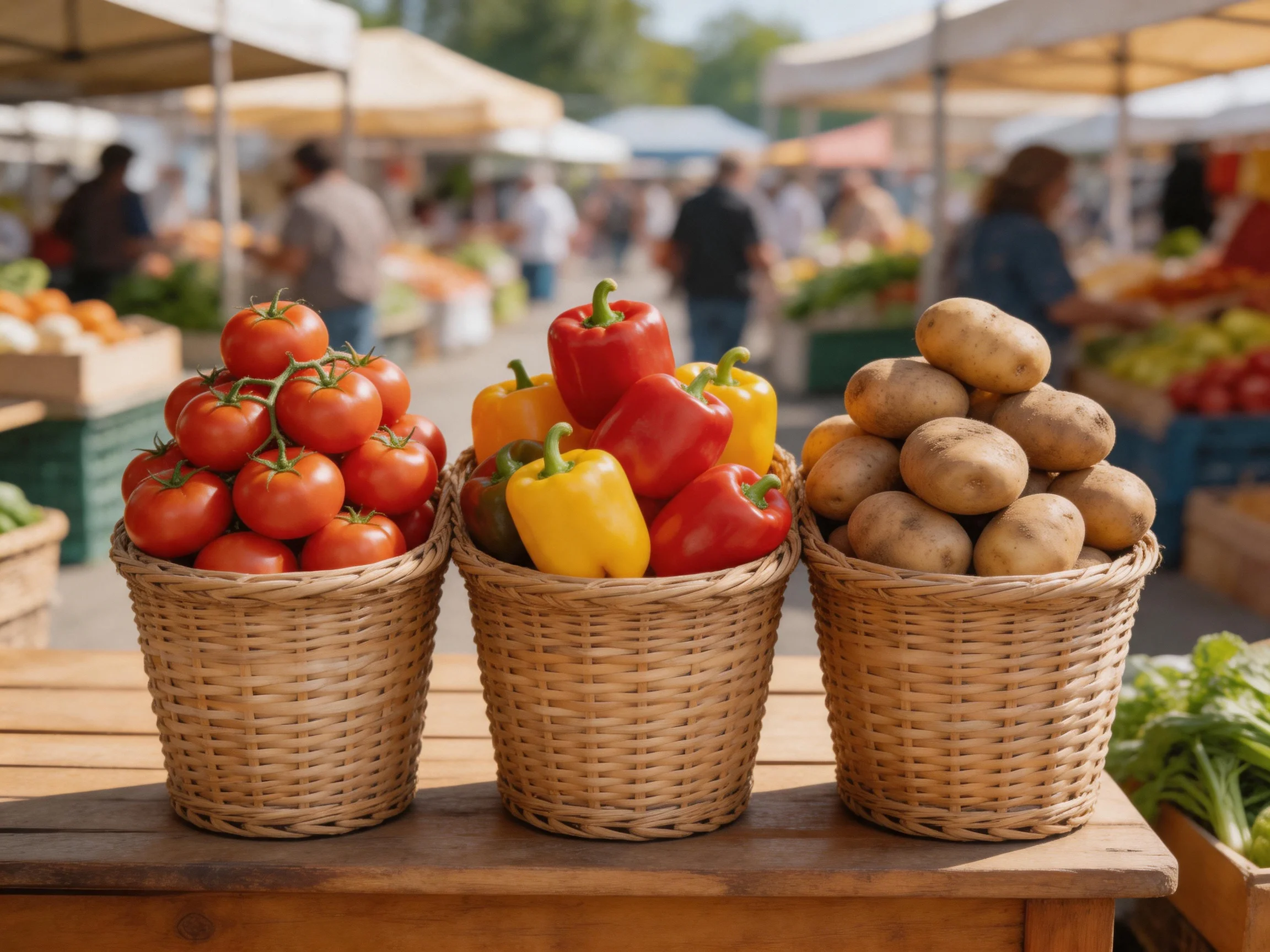 A Farmers Market Display Features Three Wicker Baskets of Fresh Produce