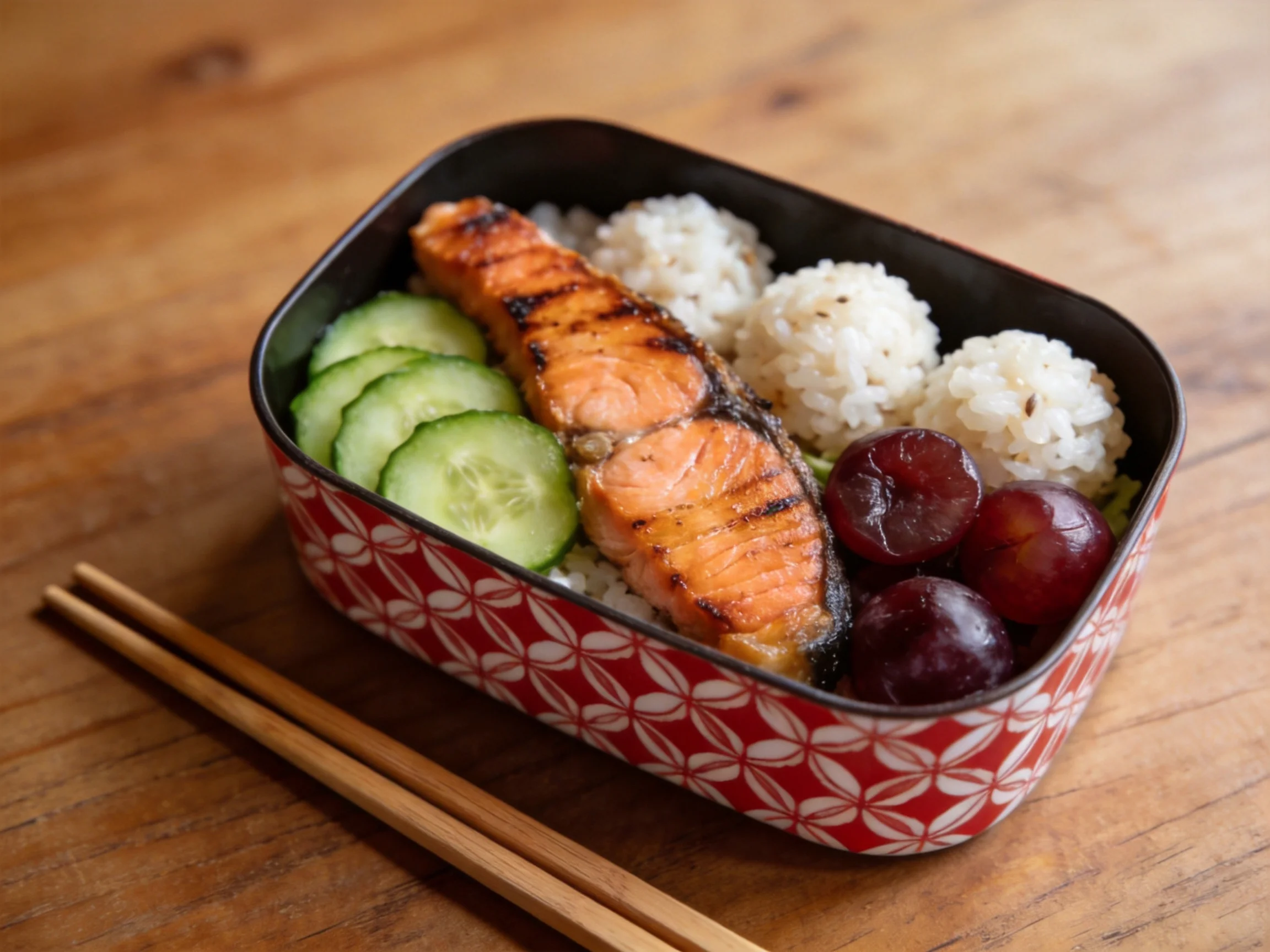 A Japanese bento box featuring grilled salmon, rice balls, cucumbers, and grapes