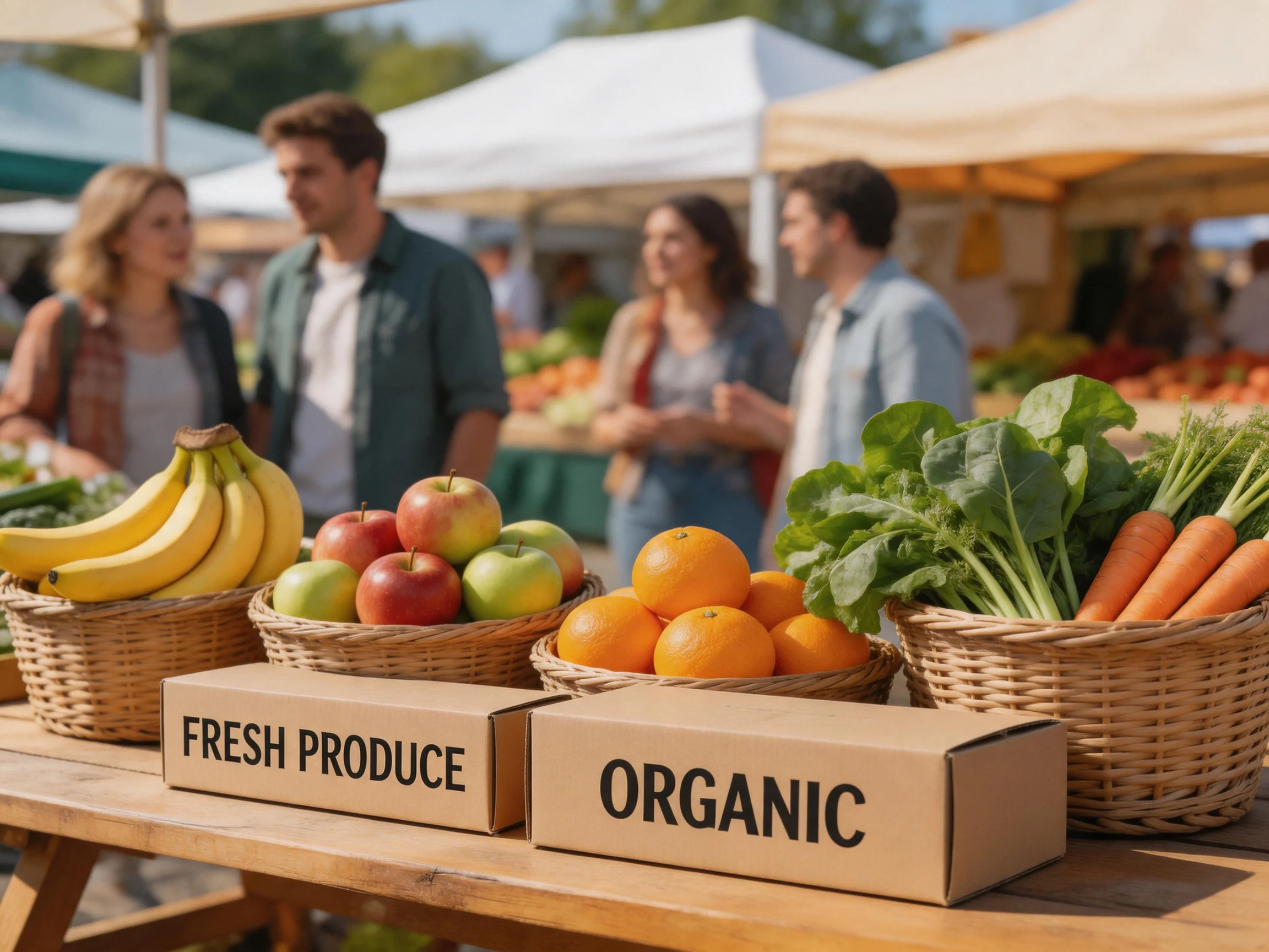 A Vibrant Farmers Market Display Featuring Fresh Fruits and Organic Vegetables