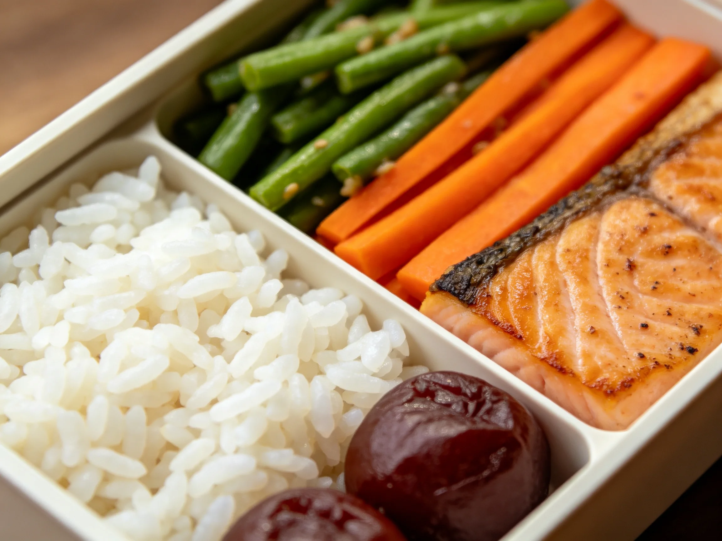 A balanced bento box with rice, salmon, carrots, and green beans